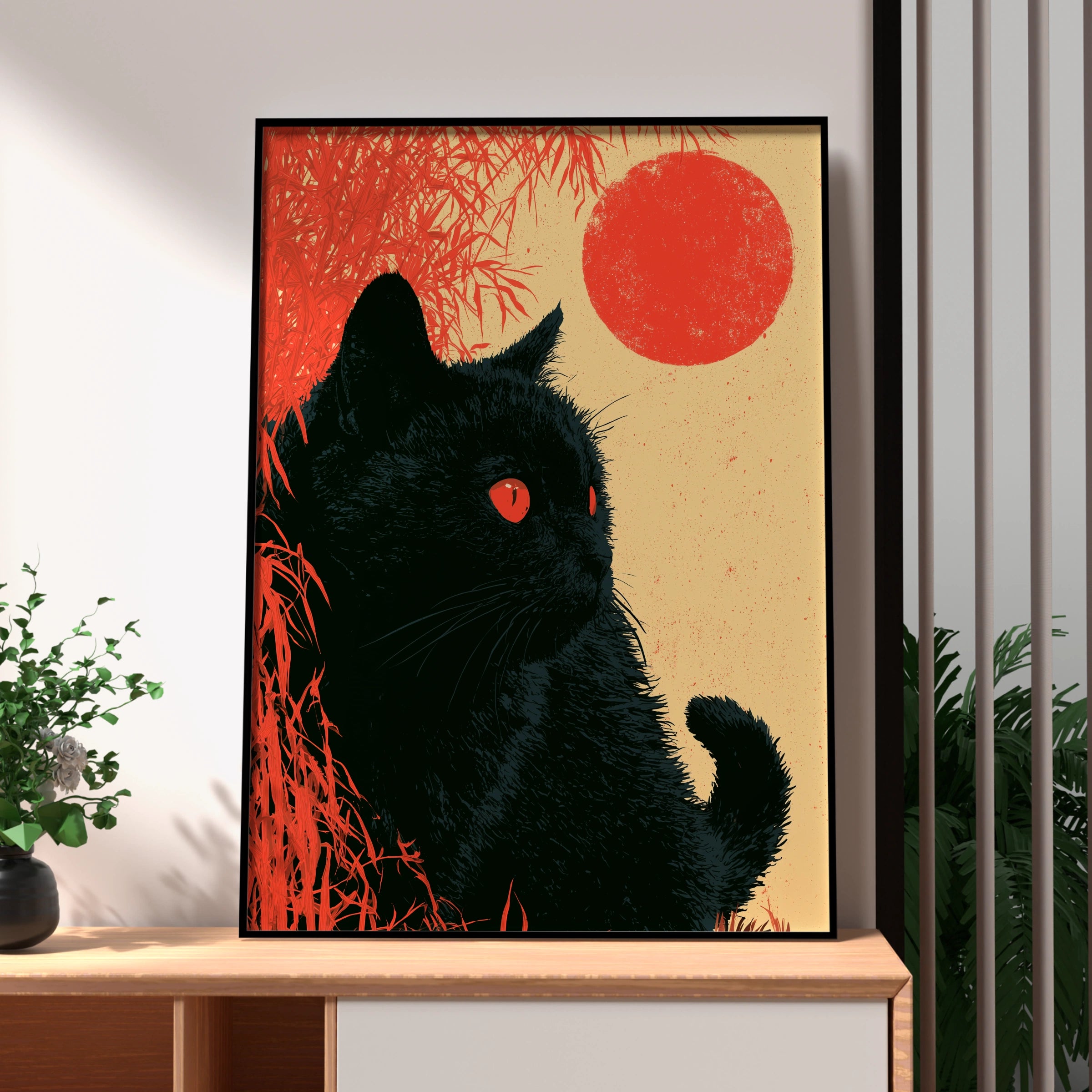 Black Cat Portrait, Stunning Wall Art, Minimalist Style, Red Sun, Modern Decor