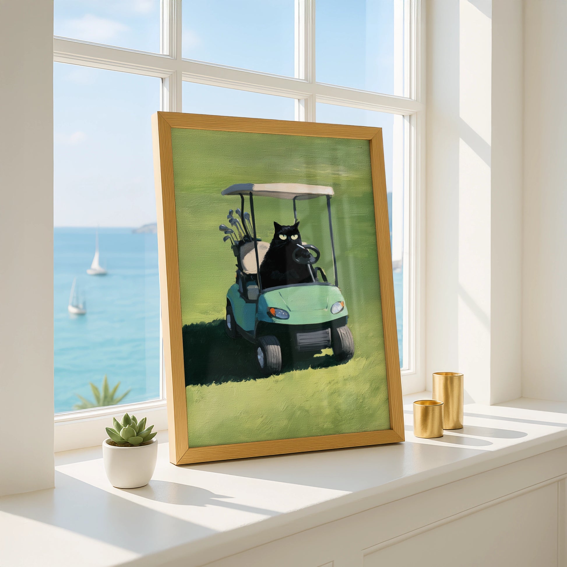 Charming Cat on Golf Cart Art, Golfing Cat Print, Whimsical Animal Decor, Fun Greenery Landscape