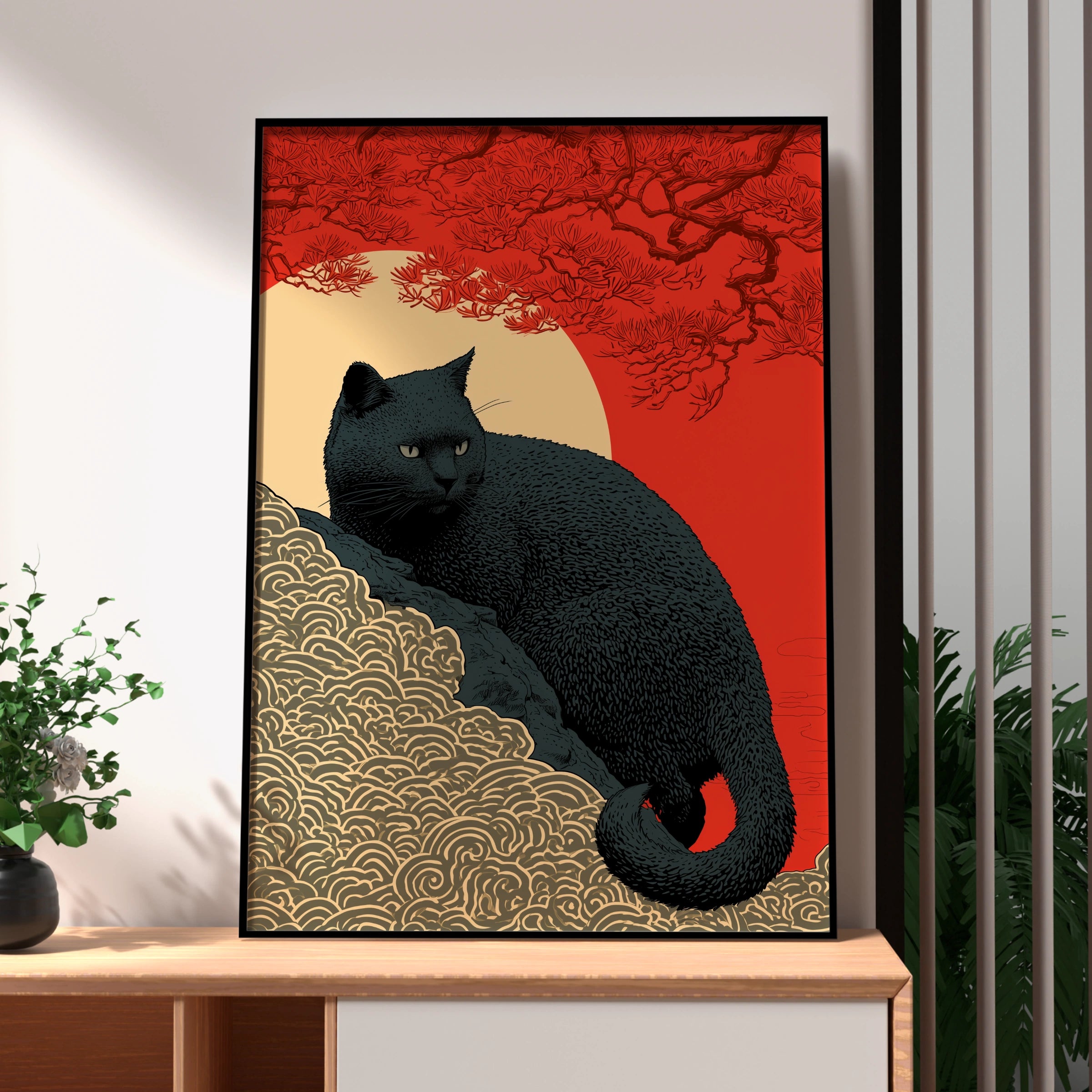 Black Cat Artwork, Japanese Inspired Print, Bold Colours, Modern Wall Art