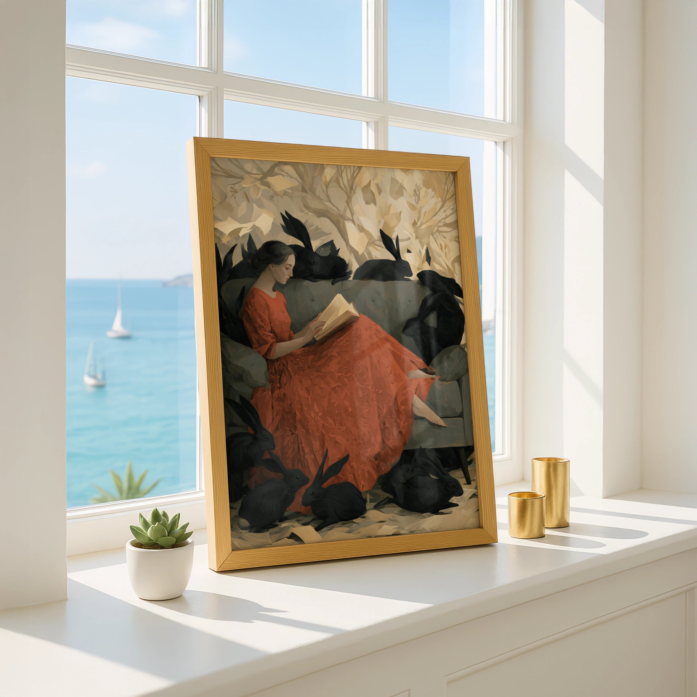 Woman Reading, Surrounded by Black Rabbits, Art Print, Whimsical Style, Home Decor