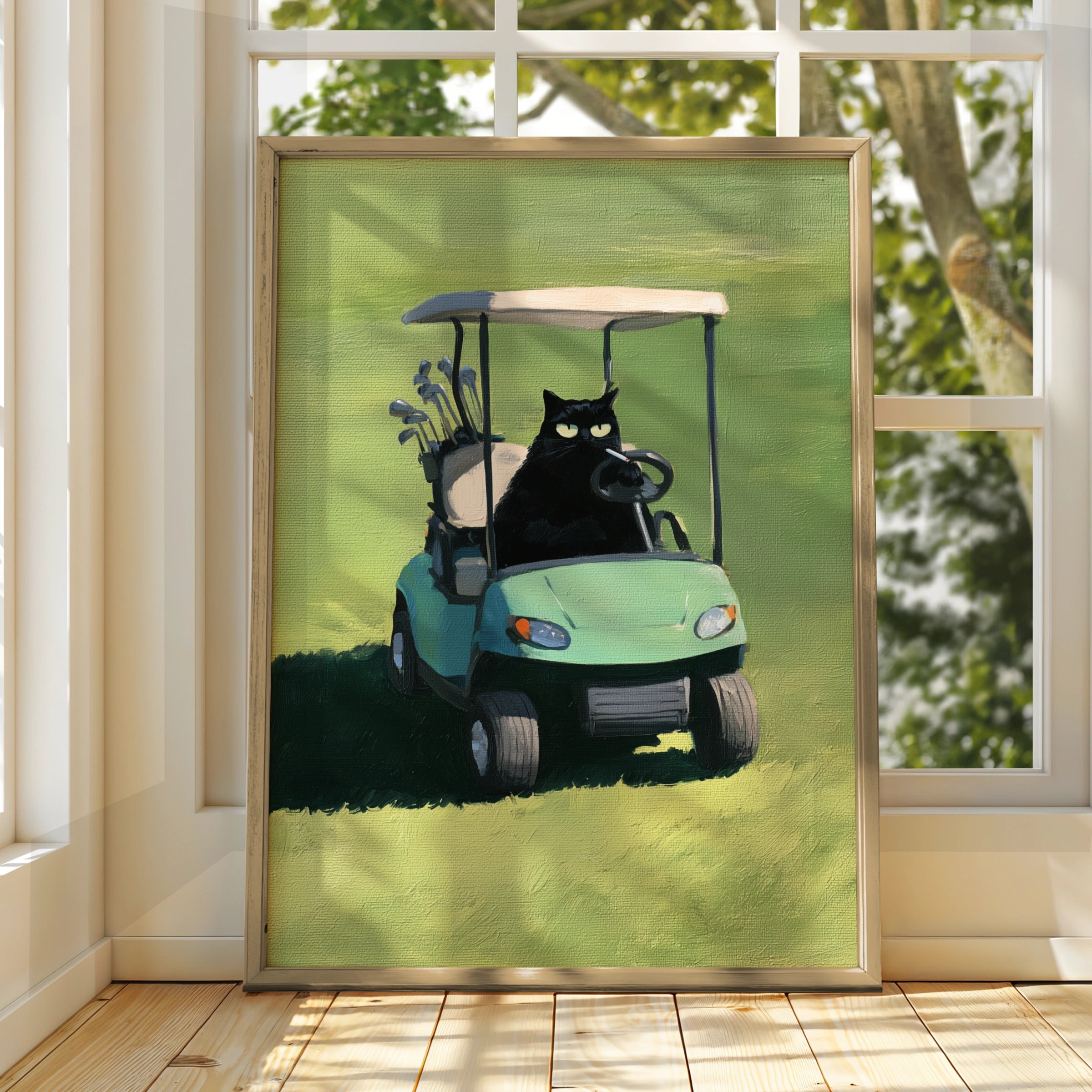 Charming Cat on Golf Cart Art, Golfing Cat Print, Whimsical Animal Decor, Fun Greenery Landscape