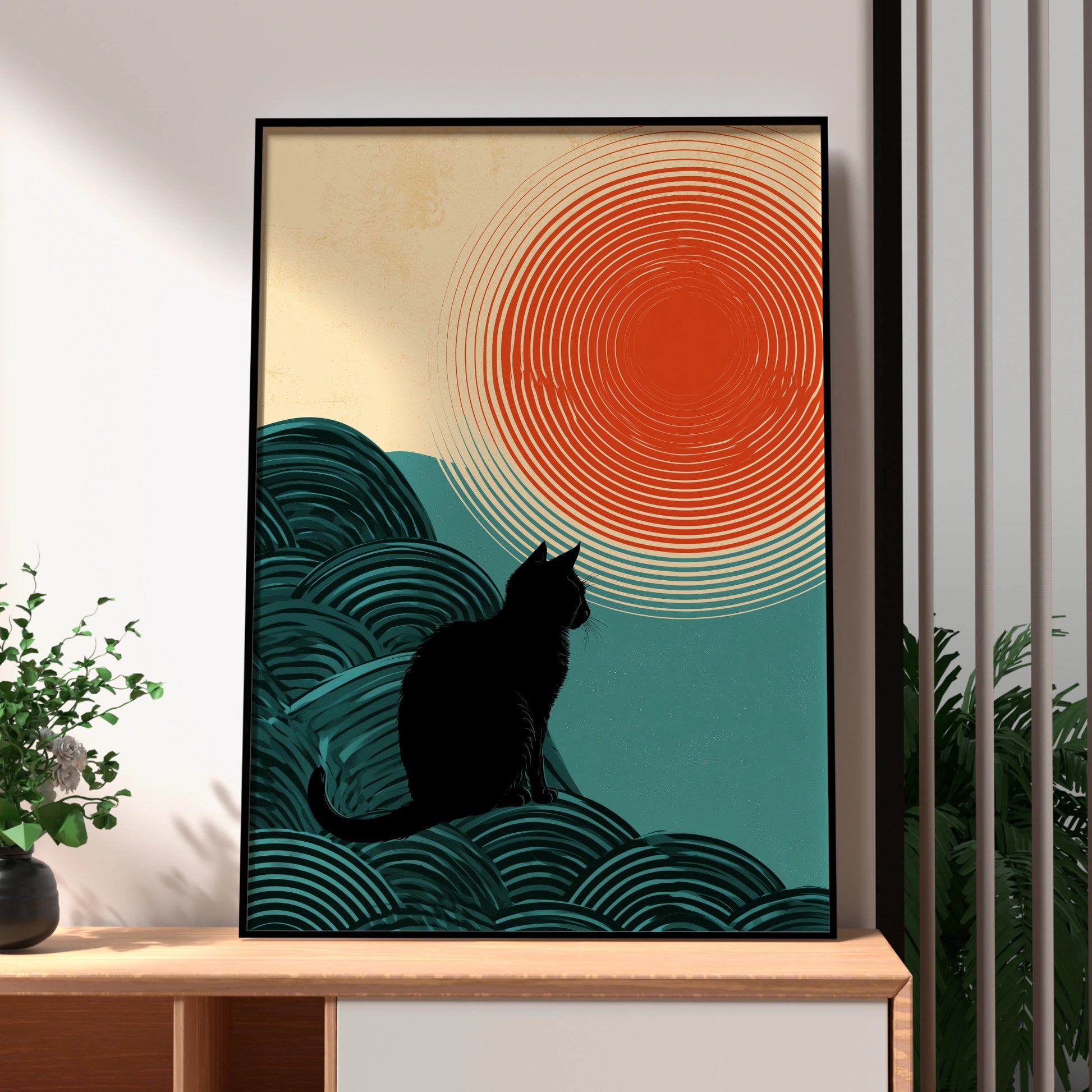 Cat Silhouette Wall Art, Minimalist Cat Art Print, Retro Style Decor