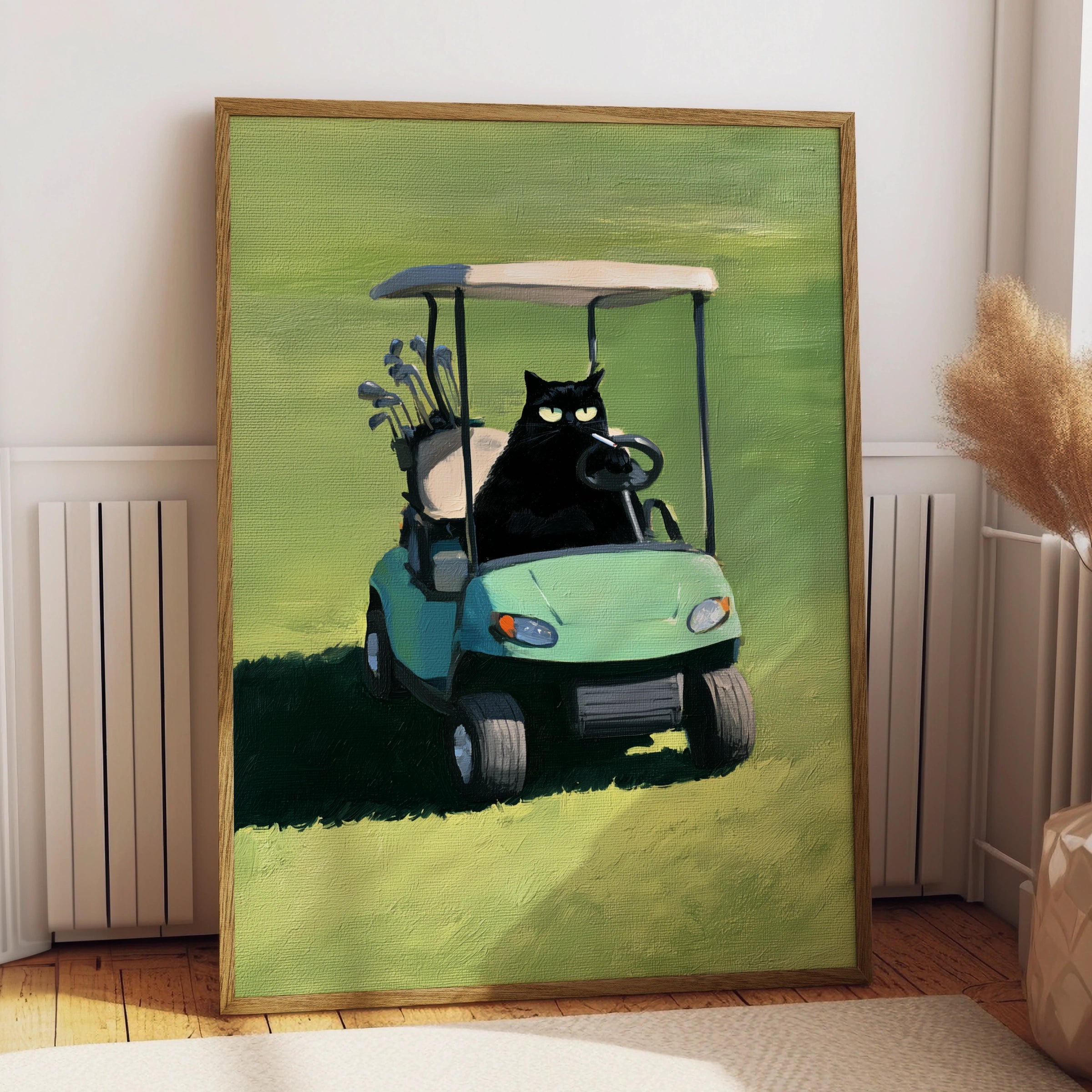 Charming Cat on Golf Cart Art, Golfing Cat Print, Whimsical Animal Decor, Fun Greenery Landscape