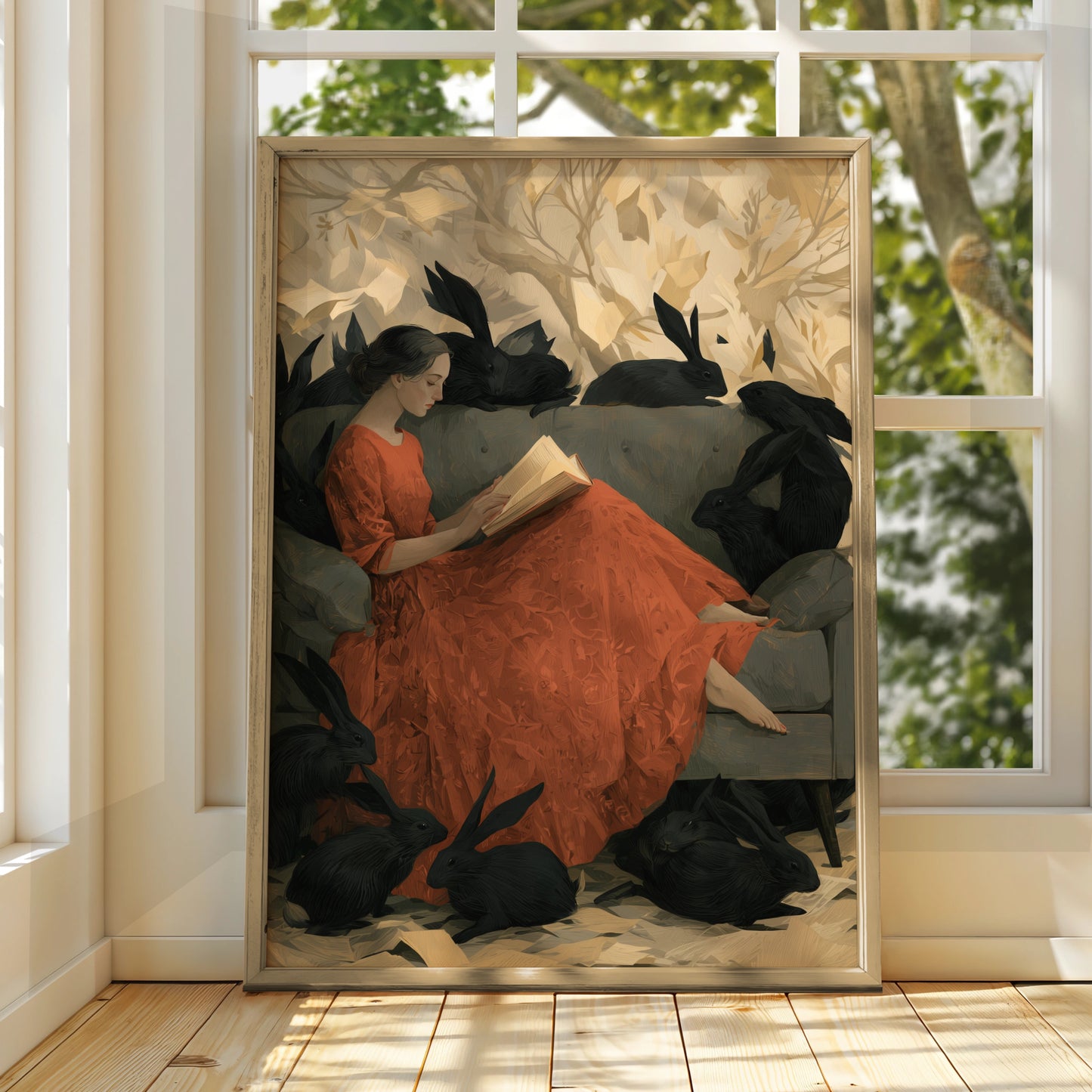 Woman Reading, Surrounded by Black Rabbits, Art Print, Whimsical Style, Home Decor