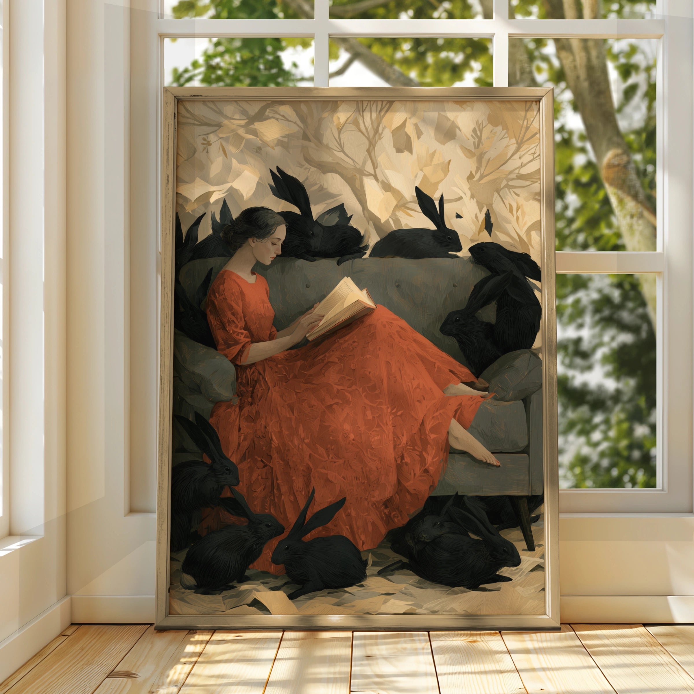 Woman Reading, Surrounded by Black Rabbits, Art Print, Whimsical Style, Home Decor
