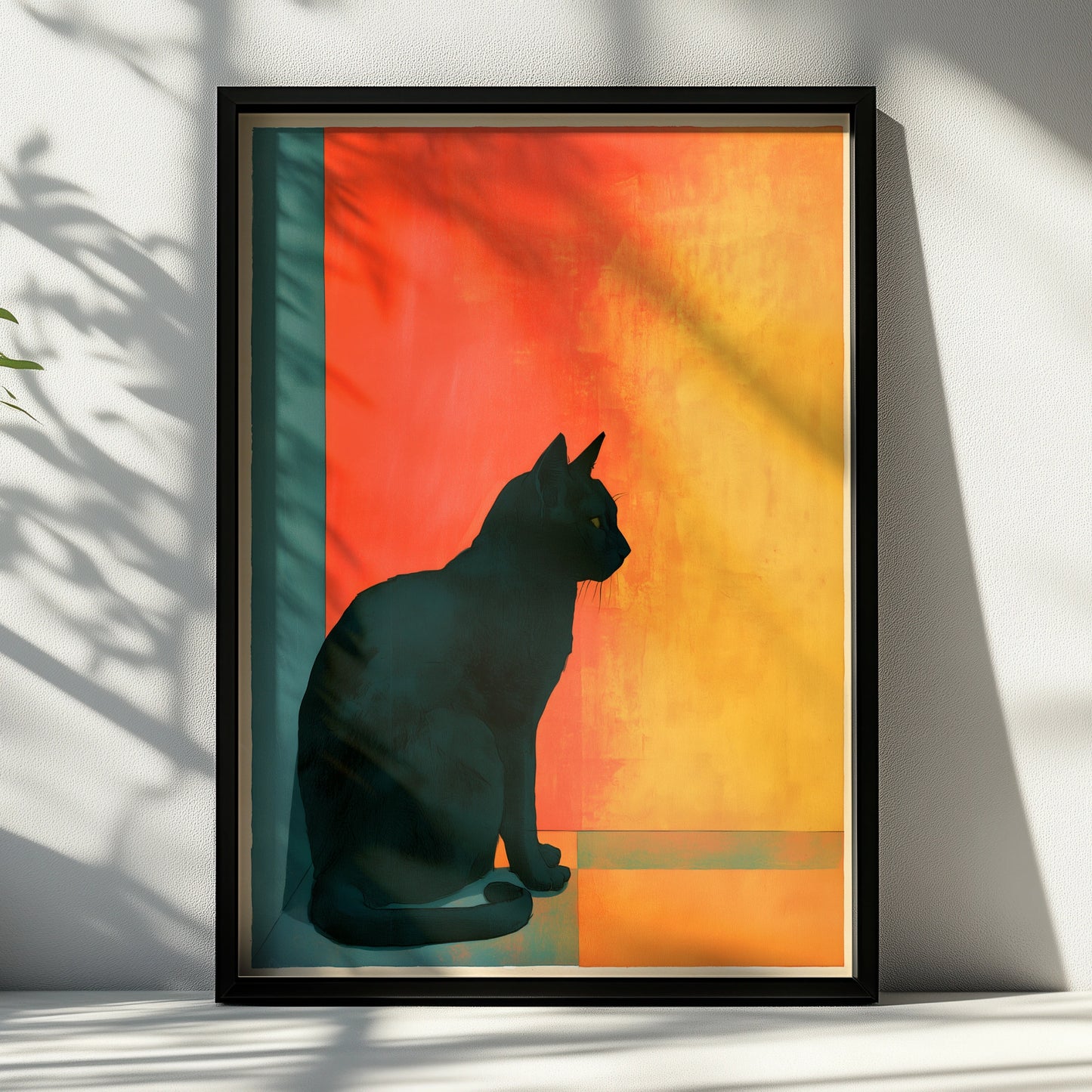 Black Cat Silhouette Art Print, Modern Wall Decor, Colourful Cat Poster