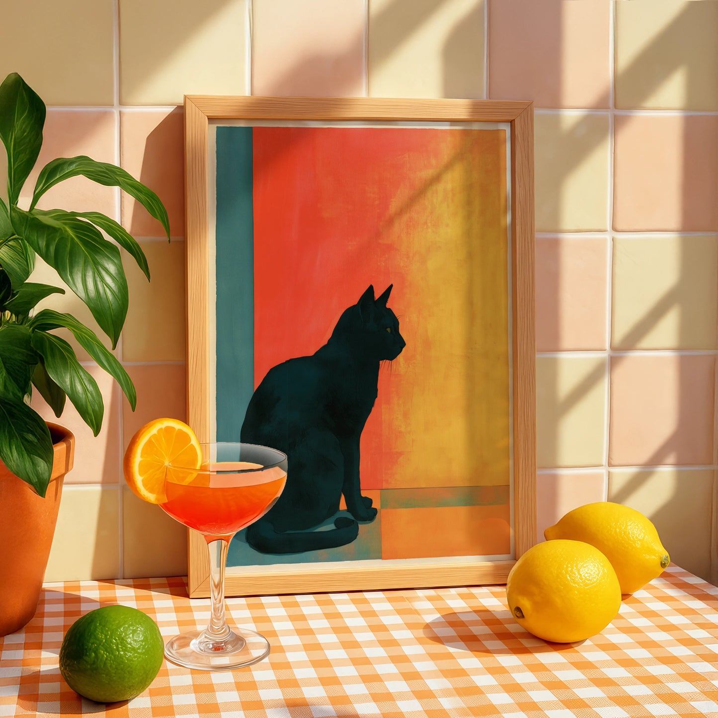 Black Cat Silhouette Art Print, Modern Wall Decor, Colourful Cat Poster