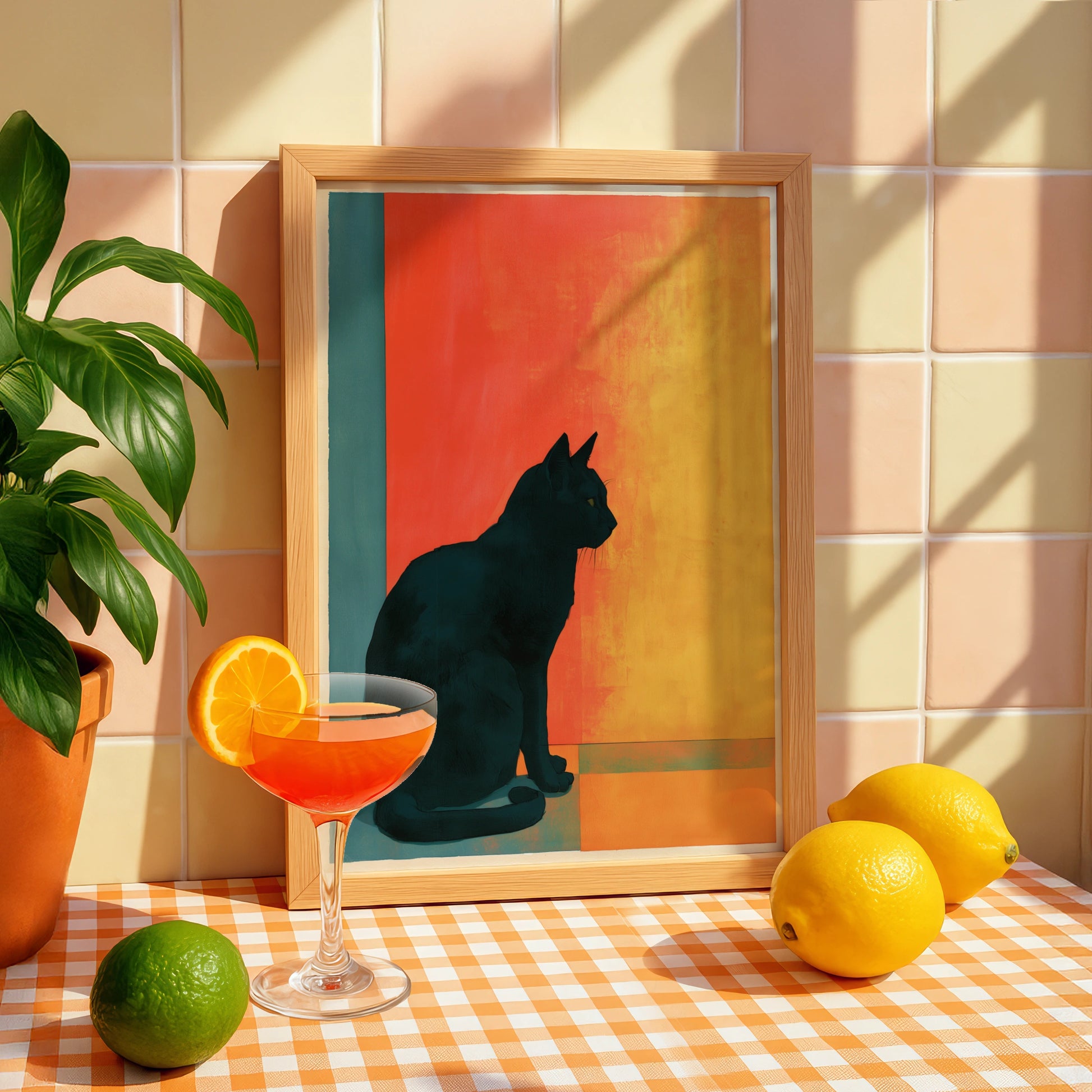 Black Cat Silhouette Art Print, Modern Wall Decor, Colourful Cat Poster