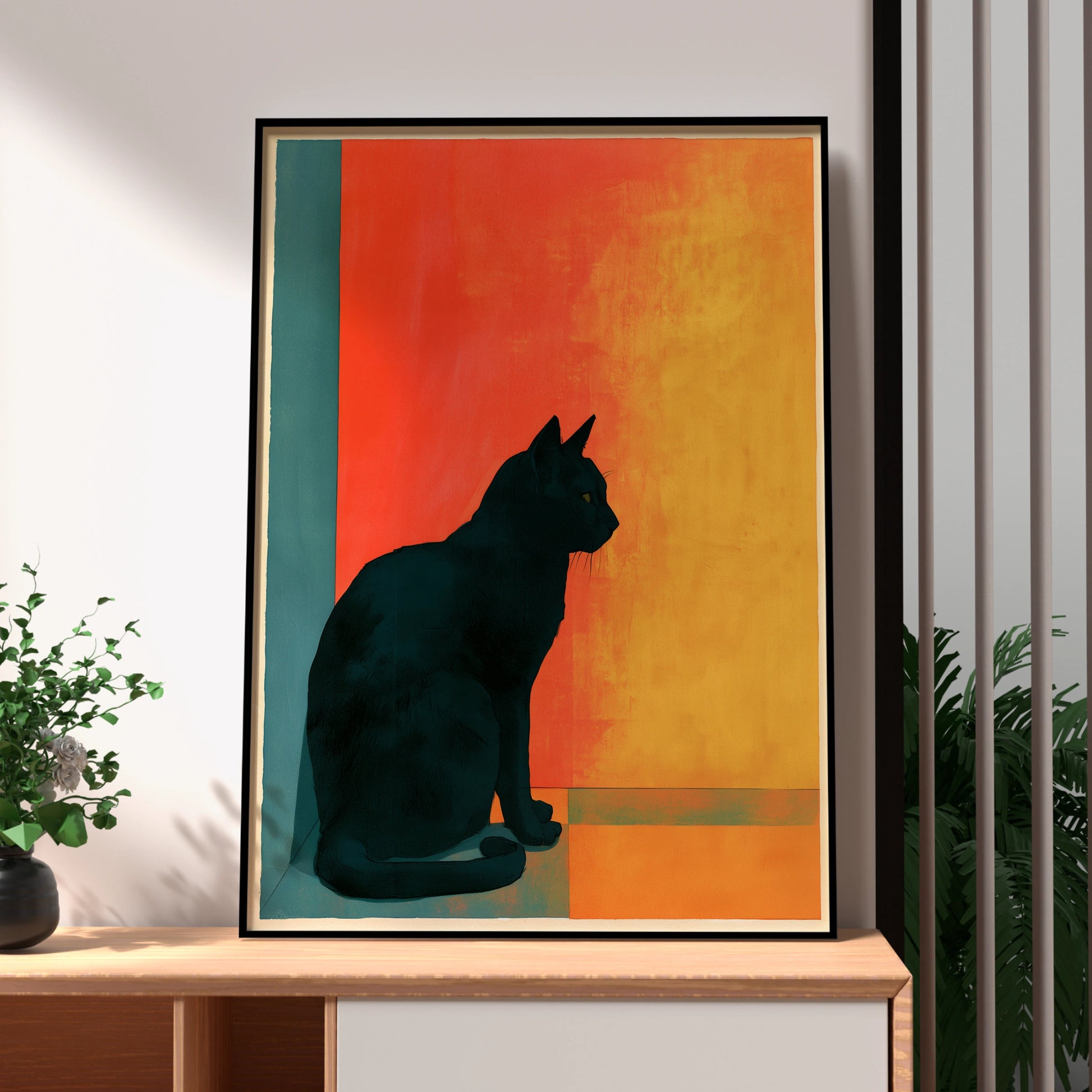 Black Cat Silhouette Art Print, Modern Wall Decor, Colourful Cat Poster