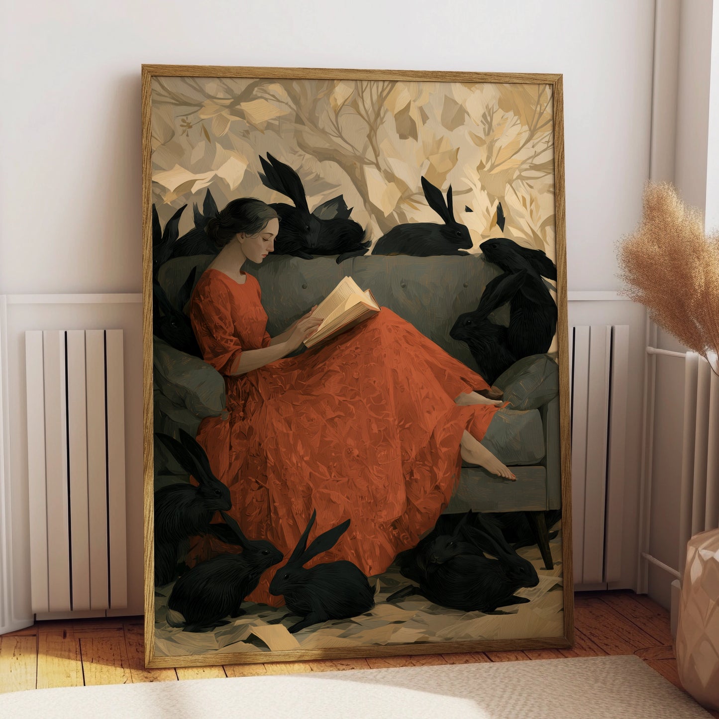 Woman Reading, Surrounded by Black Rabbits, Art Print, Whimsical Style, Home Decor