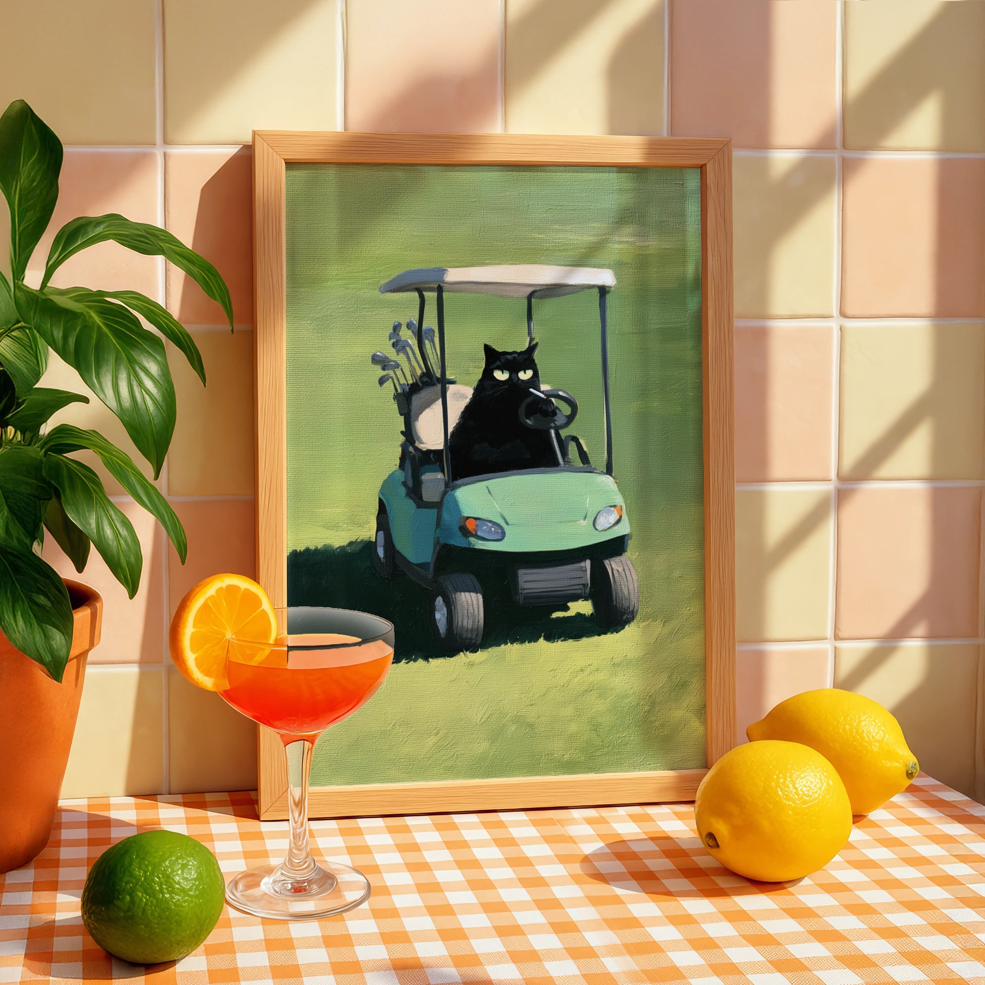 Charming Cat on Golf Cart Art, Golfing Cat Print, Whimsical Animal Decor, Fun Greenery Landscape