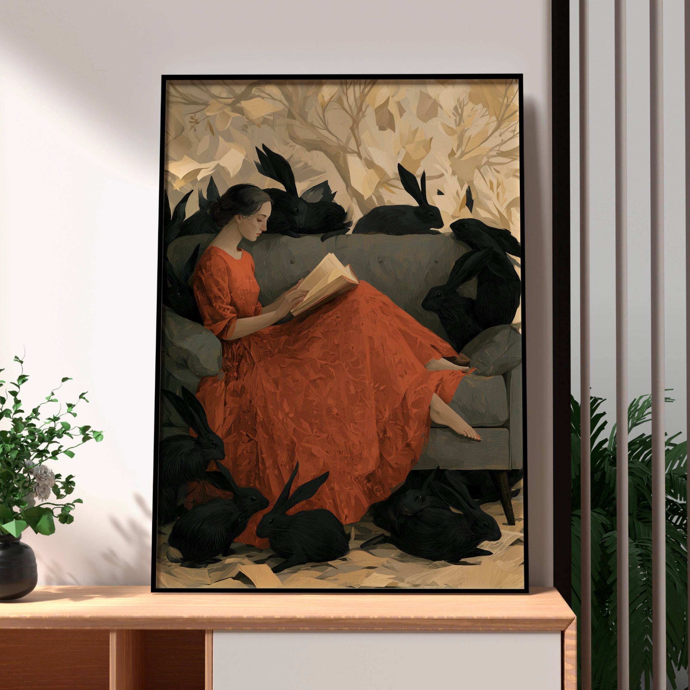 Woman Reading, Surrounded by Black Rabbits, Art Print, Whimsical Style, Home Decor