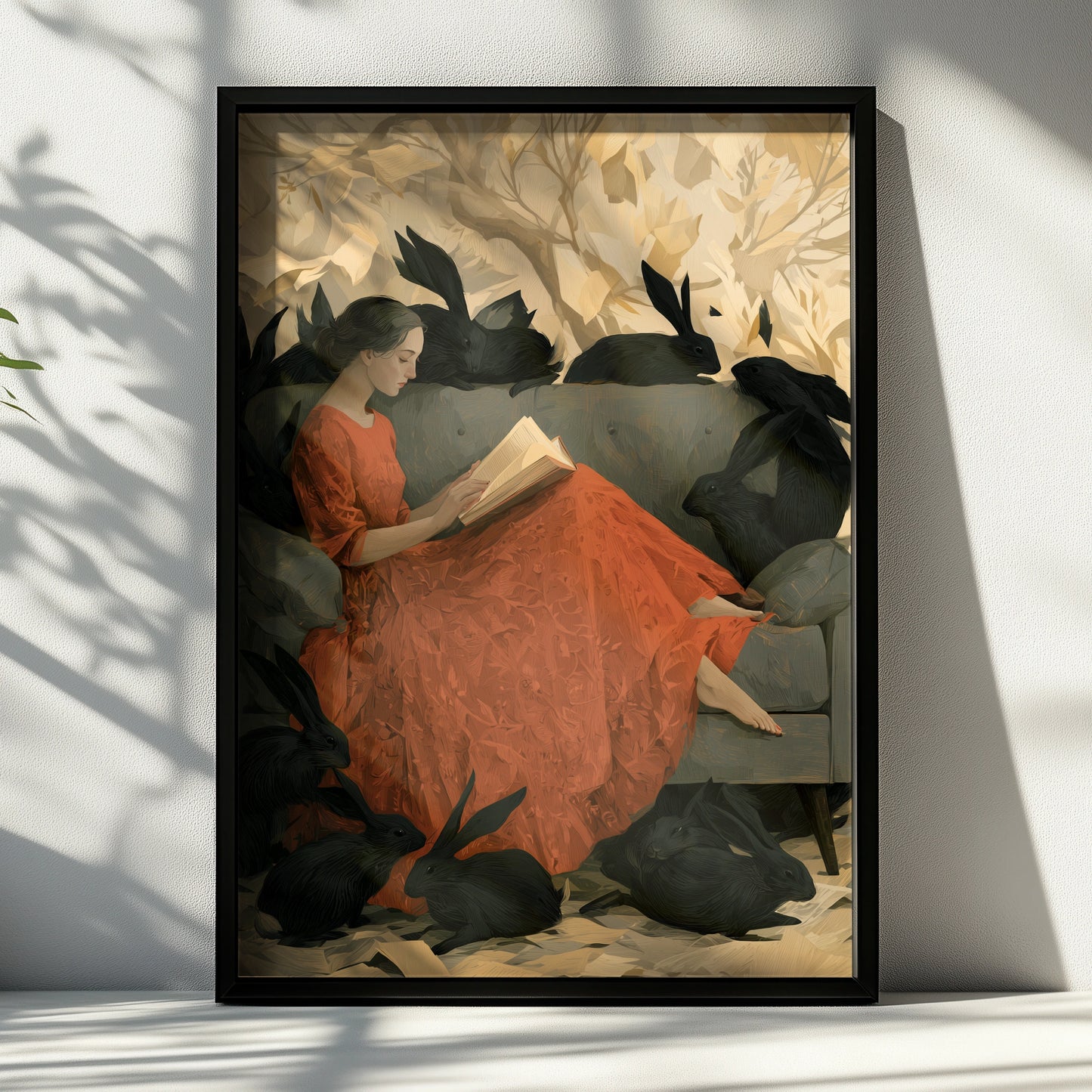 Woman Reading, Surrounded by Black Rabbits, Art Print, Whimsical Style, Home Decor