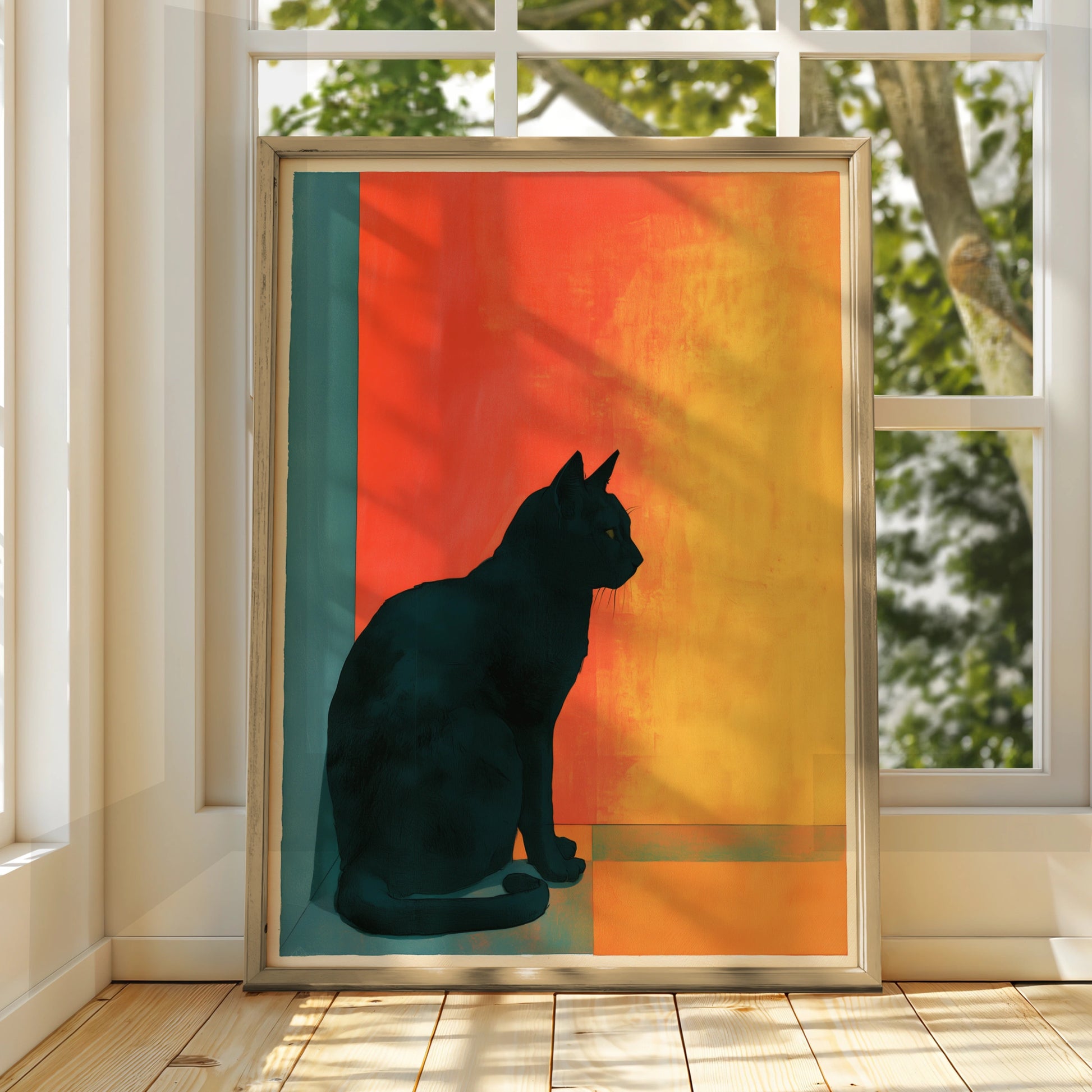 Black Cat Silhouette Art Print, Modern Wall Decor, Colourful Cat Poster