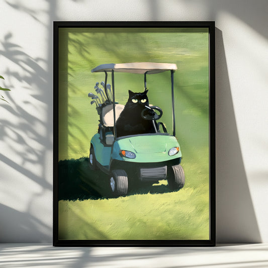 Charming Cat on Golf Cart Art, Golfing Cat Print, Whimsical Animal Decor, Fun Greenery Landscape