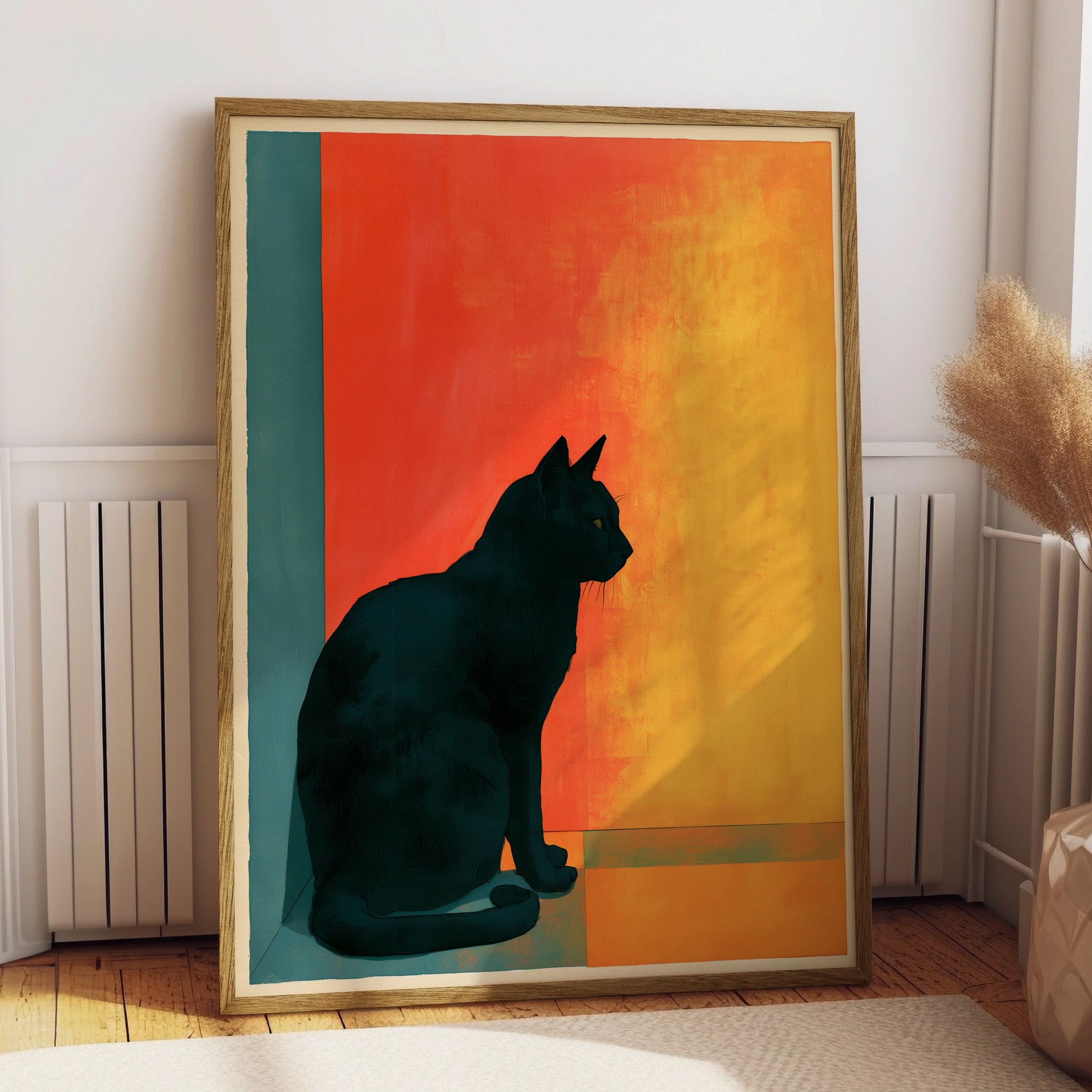 Black Cat Silhouette Art Print, Modern Wall Decor, Colourful Cat Poster