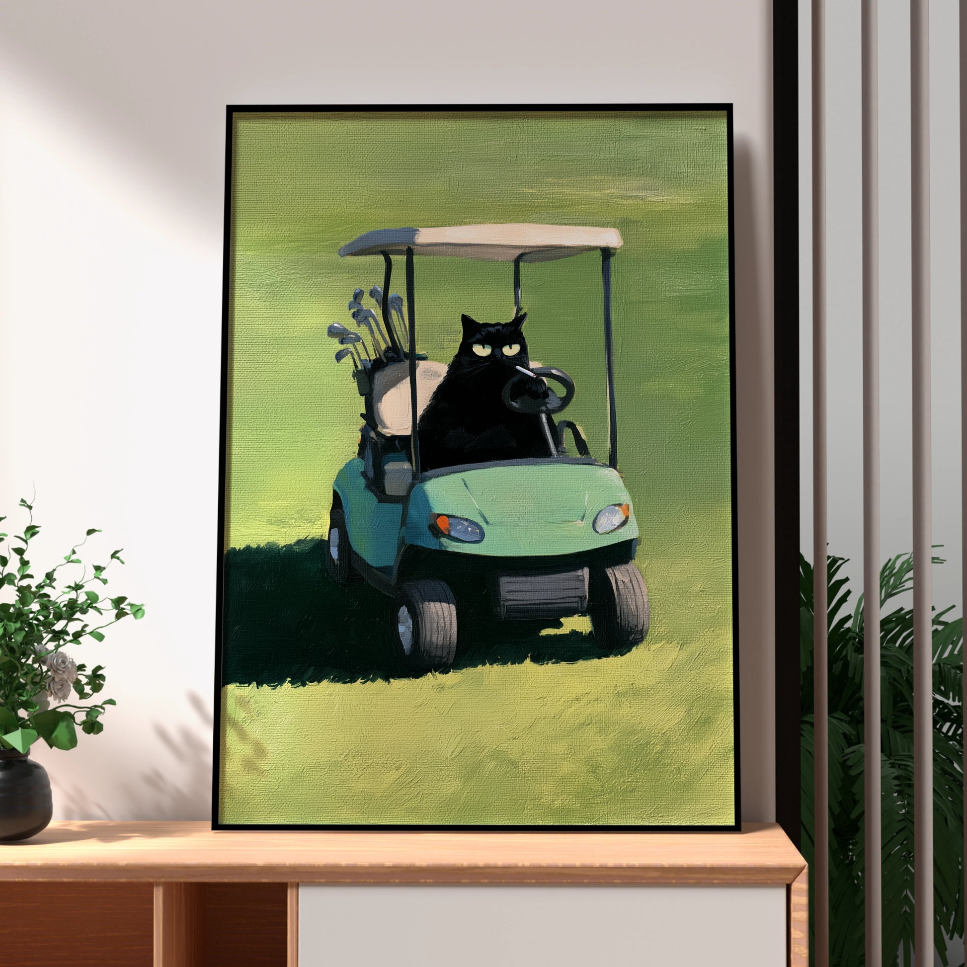 Charming Cat on Golf Cart Art, Golfing Cat Print, Whimsical Animal Decor, Fun Greenery Landscape