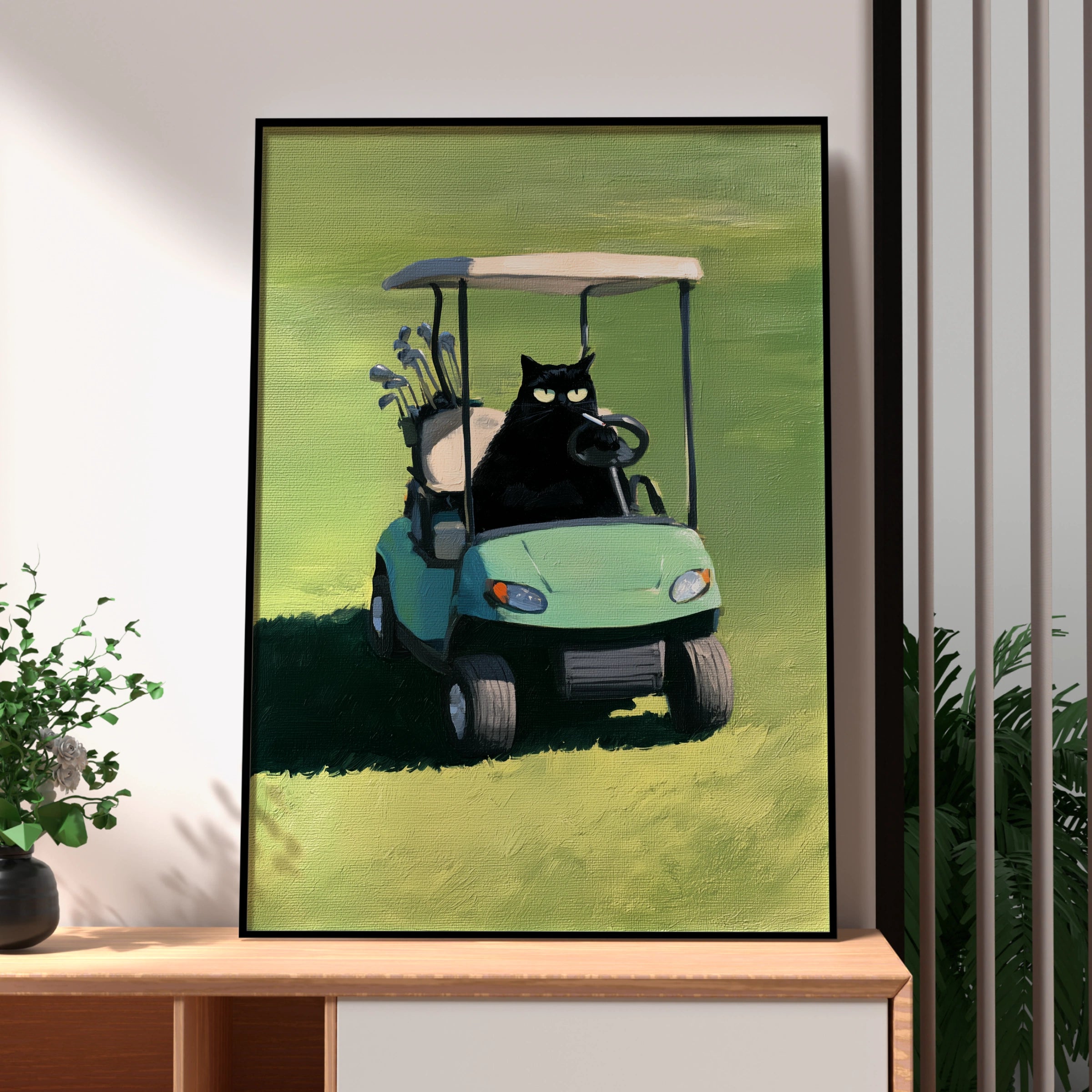 Charming Cat on Golf Cart Art, Golfing Cat Print, Whimsical Animal Decor, Fun Greenery Landscape