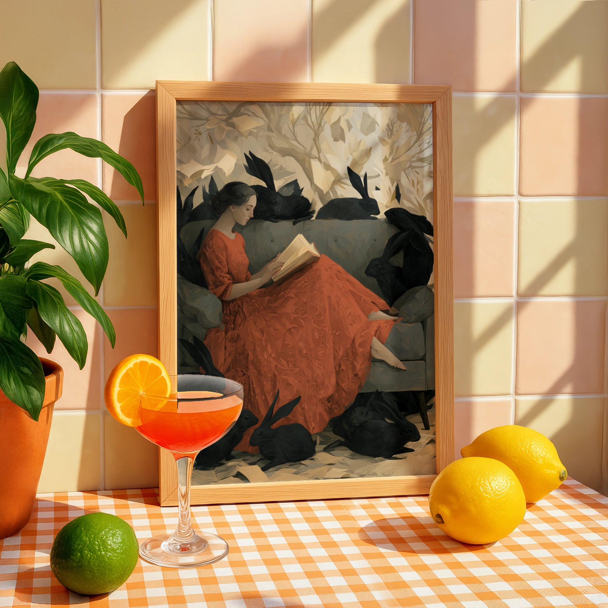 Woman Reading, Surrounded by Black Rabbits, Art Print, Whimsical Style, Home Decor