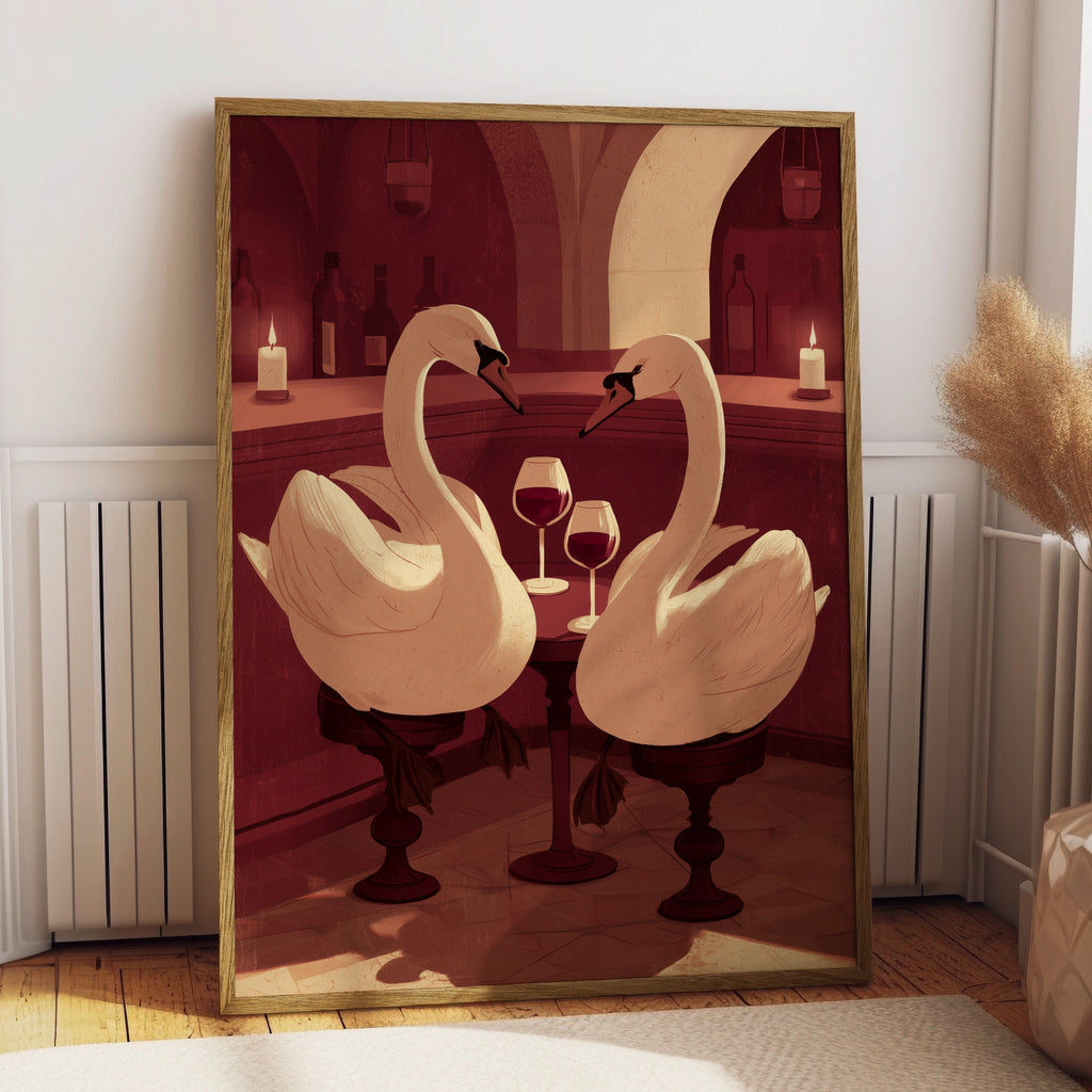 Elegant Swans in Wine Bar Art Print, Unique Wall Decor, Minimalist Style, Perfect for Home