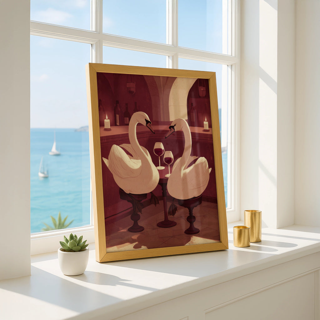 Elegant Swans in Wine Bar Art Print, Unique Wall Decor, Minimalist Style, Perfect for Home