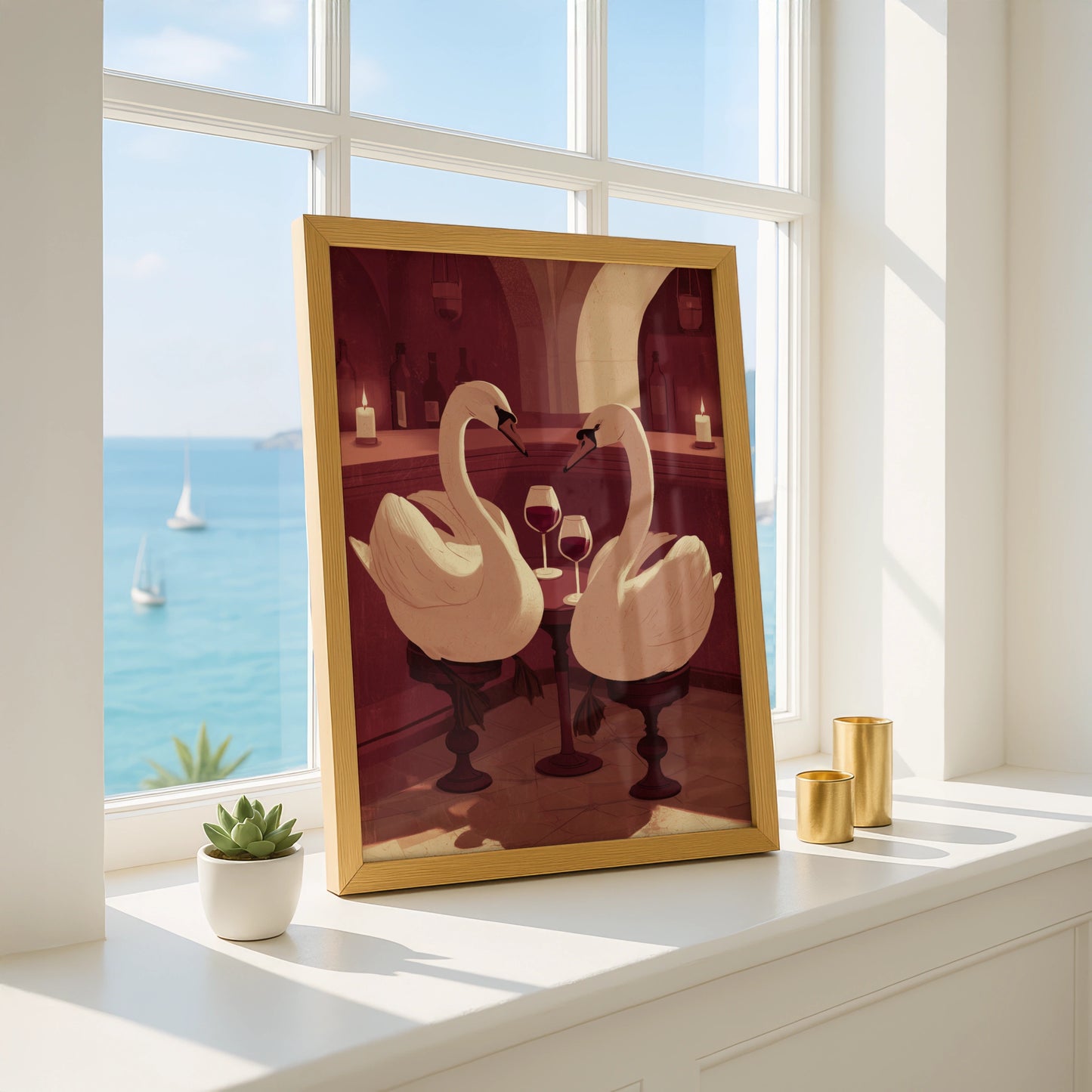 Elegant Swans in Wine Bar Art Print, Unique Wall Decor, Minimalist Style, Perfect for Home