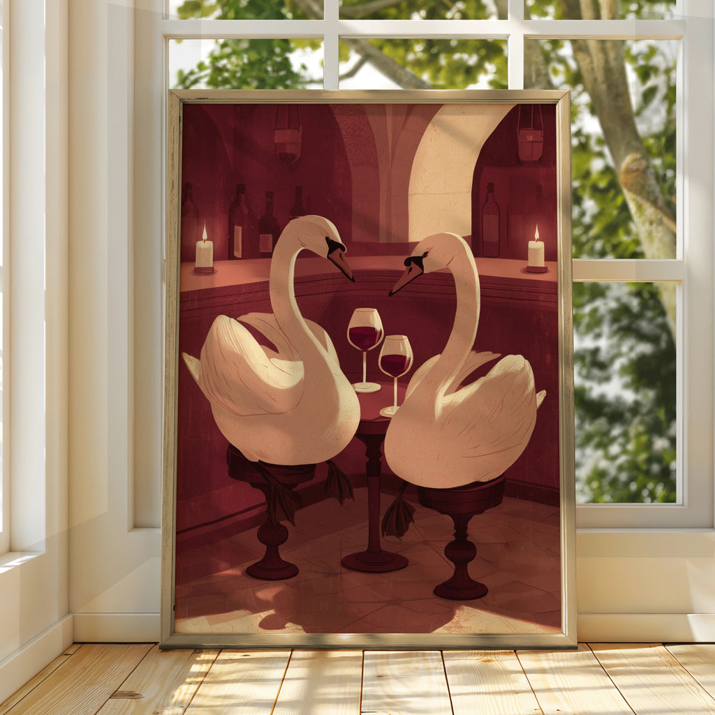Elegant Swans in Wine Bar Art Print, Unique Wall Decor, Minimalist Style, Perfect for Home