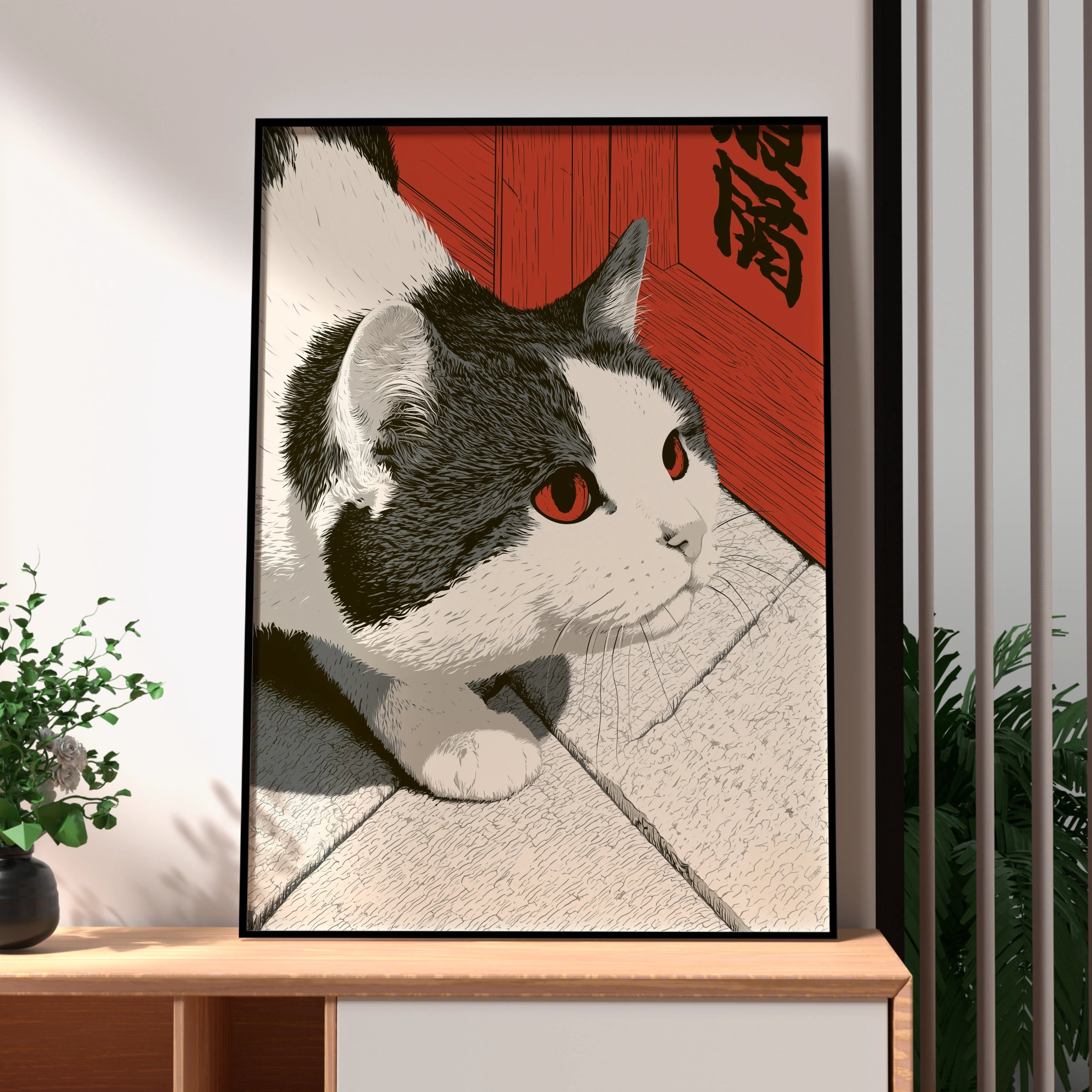 Cat Art Print, Black and White Cat Illustration, Minimalist Pet Decor, Modern Home Art