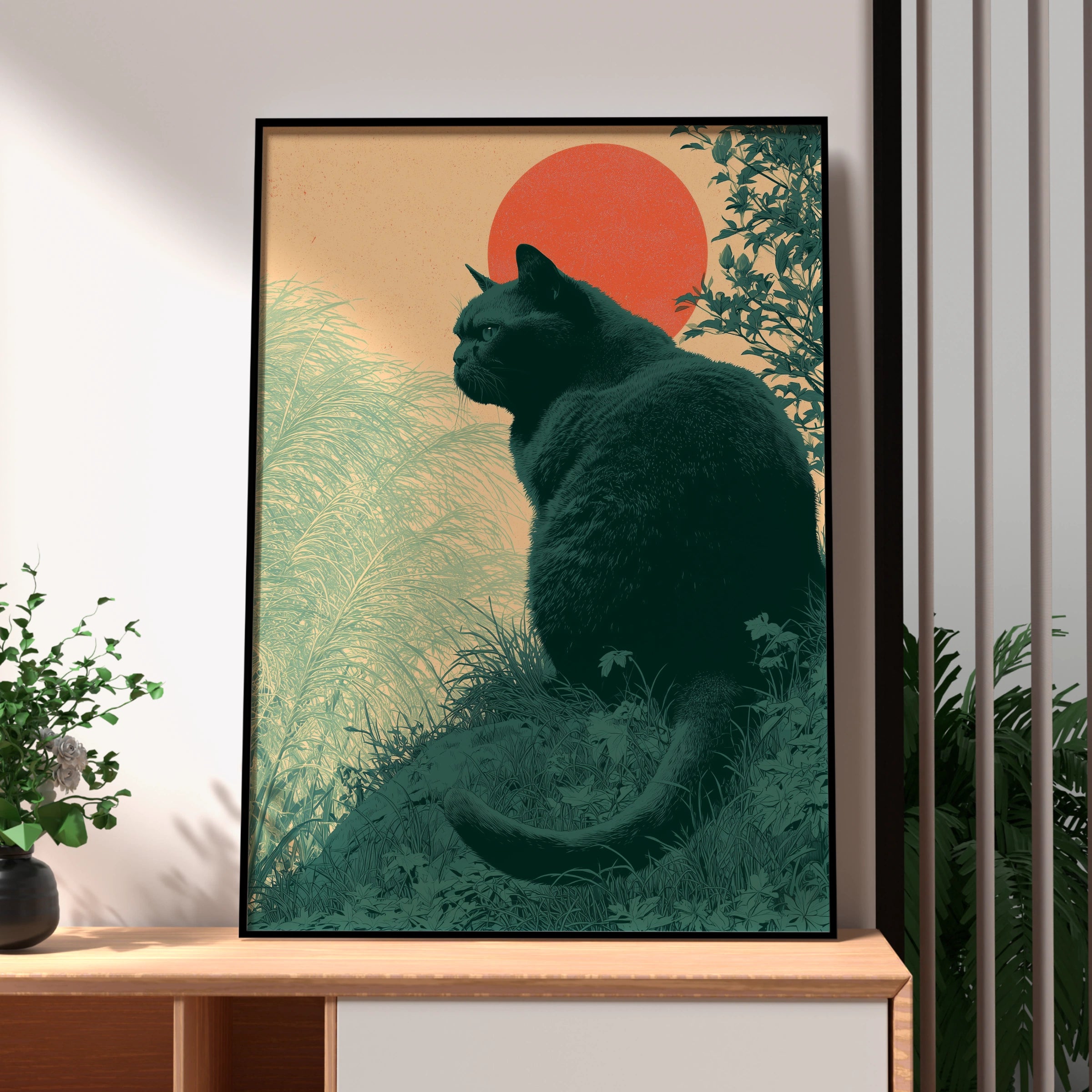 Majestic Cat Art Print, Feline Wall Decor, Retro Style, Nature Scene, Interior Design