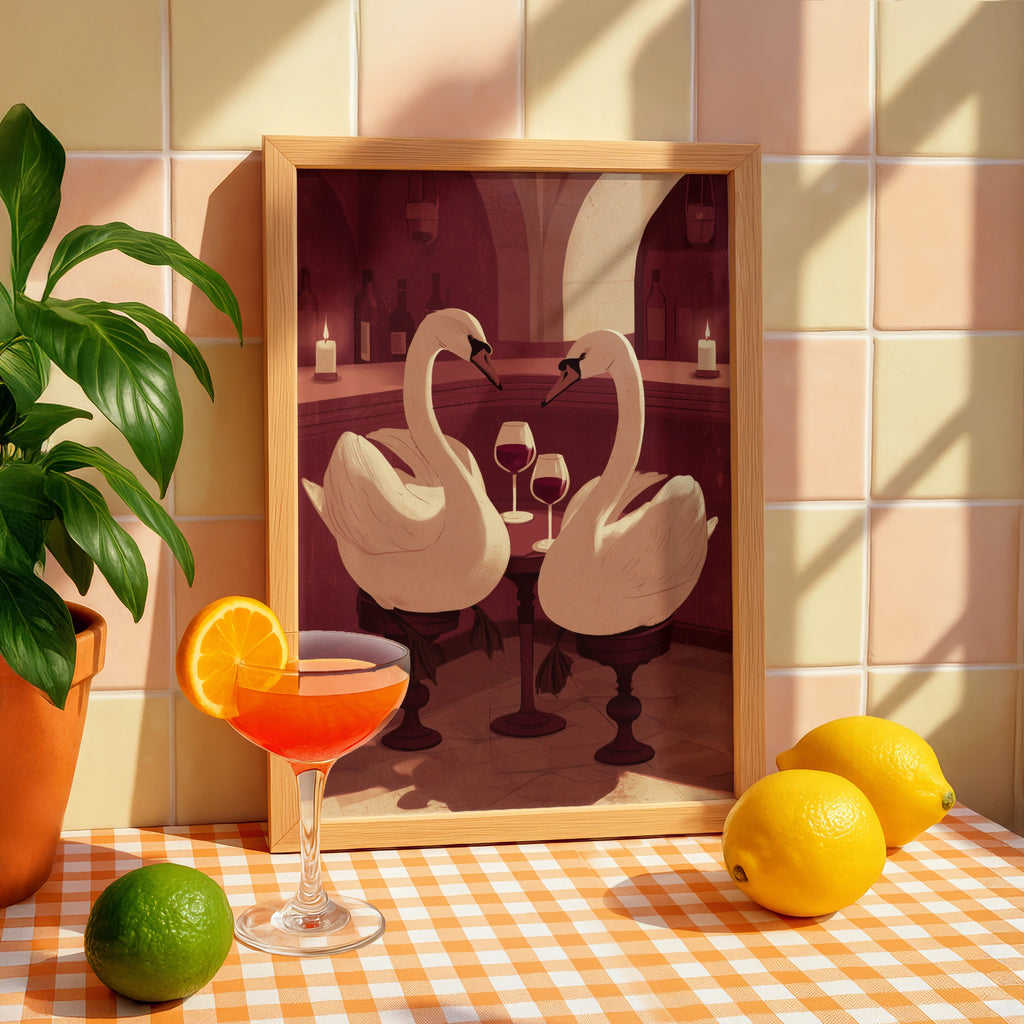 Elegant Swans in Wine Bar Art Print, Unique Wall Decor, Minimalist Style, Perfect for Home