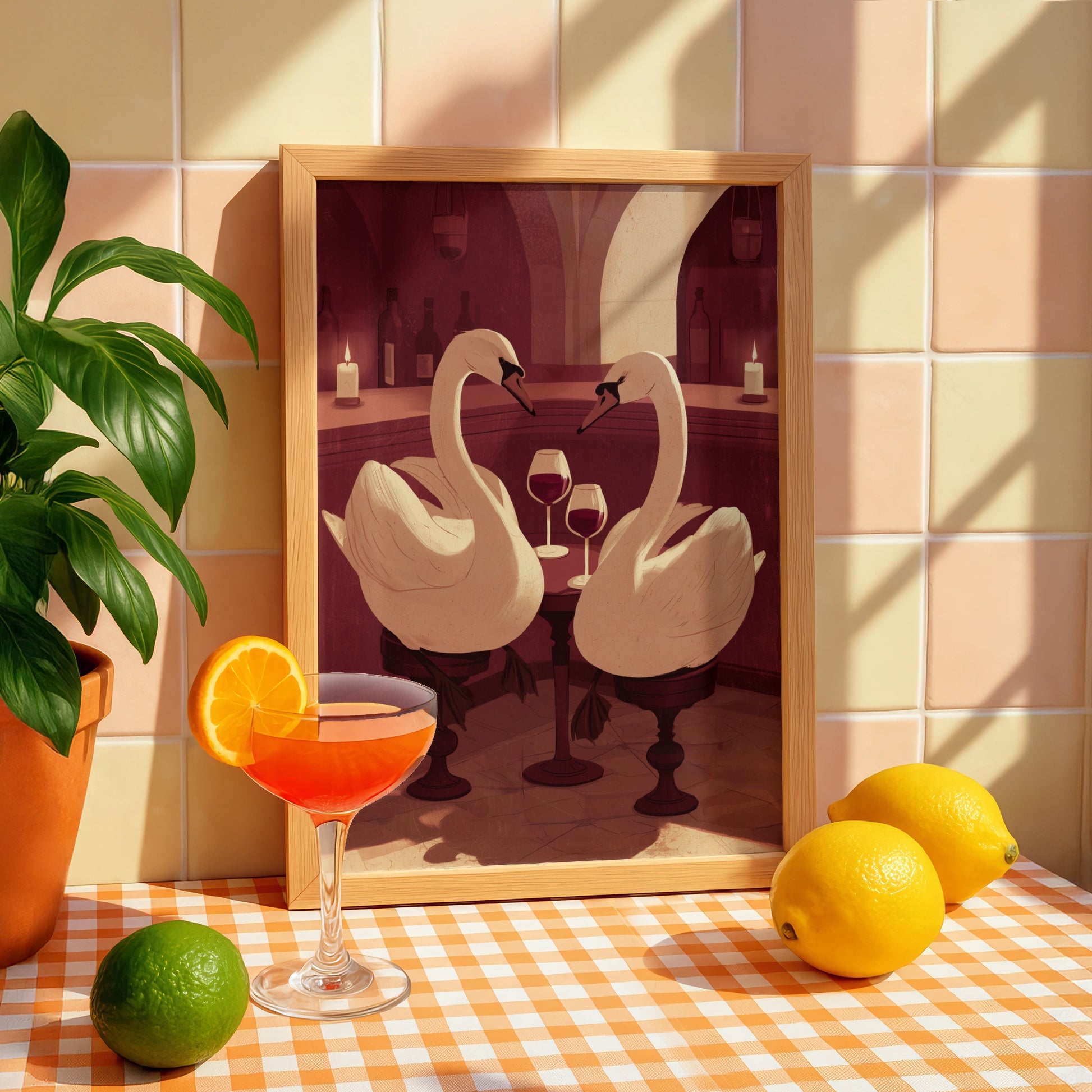 Elegant Swans in Wine Bar Art Print, Unique Wall Decor, Minimalist Style, Perfect for Home