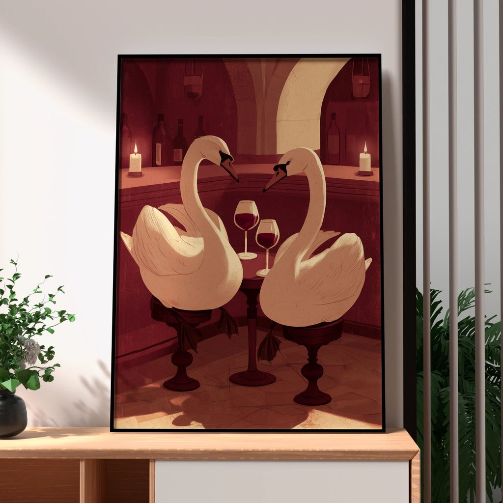 Elegant Swans in Wine Bar Art Print, Unique Wall Decor, Minimalist Style, Perfect for Home