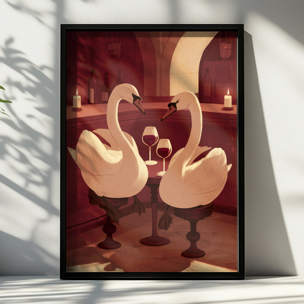 Elegant Swans in Wine Bar Art Print, Unique Wall Decor, Minimalist Style, Perfect for Home