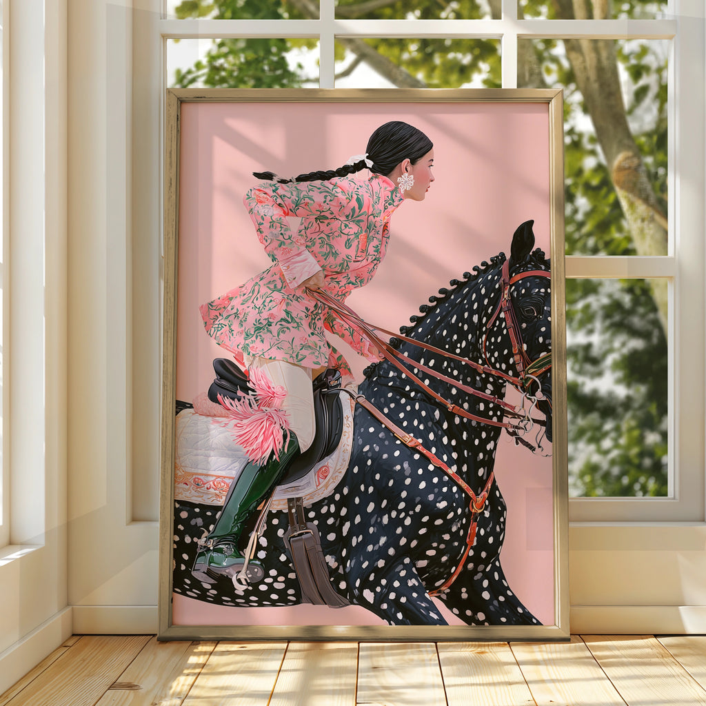 Woman on Horse, Elegant Equestrian Art, Pink Floral, Minimalist Artwork, Modern Wall Decor