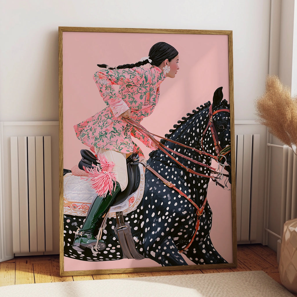 Woman on Horse, Elegant Equestrian Art, Pink Floral, Minimalist Artwork, Modern Wall Decor