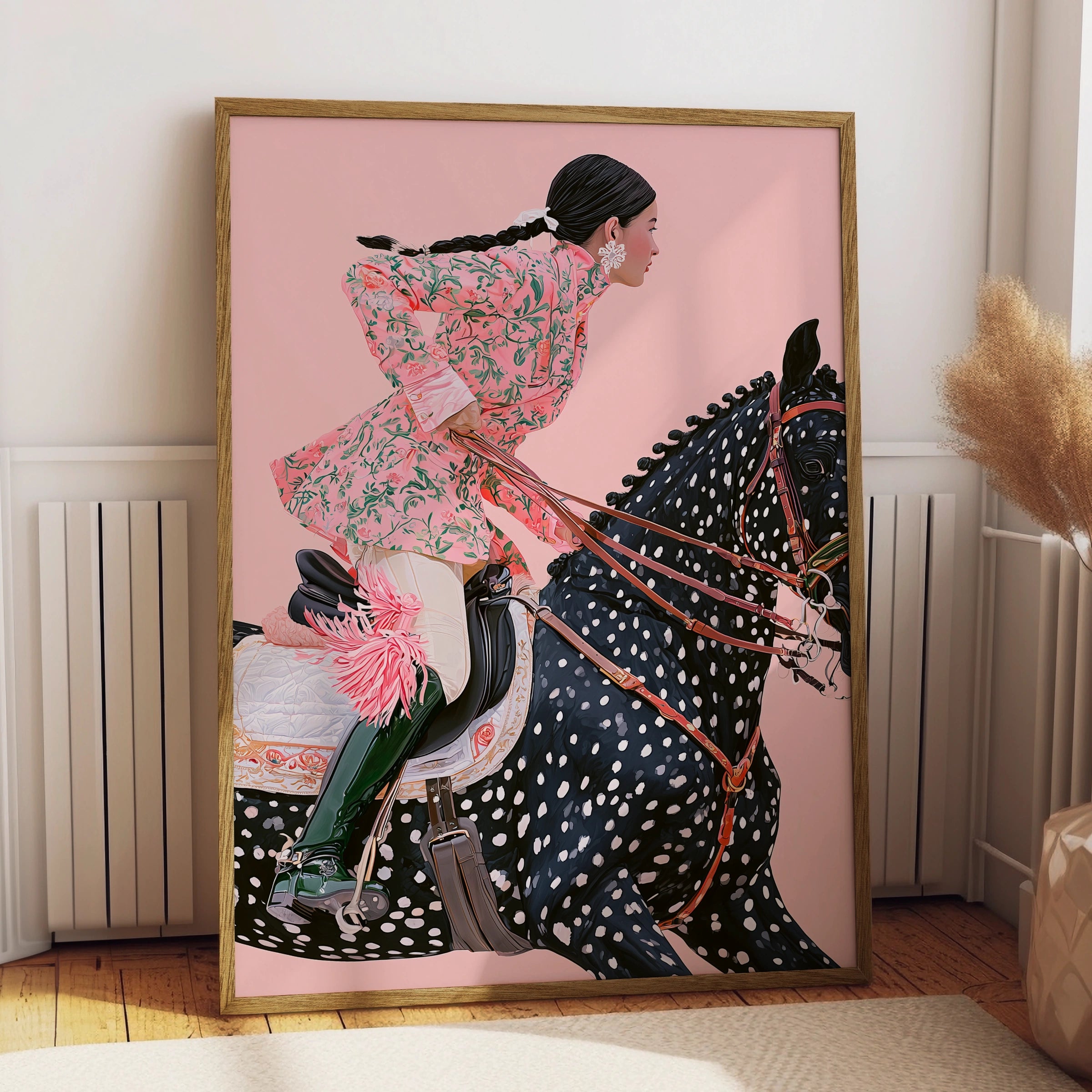 Woman on Horse, Elegant Equestrian Art, Pink Floral, Minimalist Artwork, Modern Wall Decor