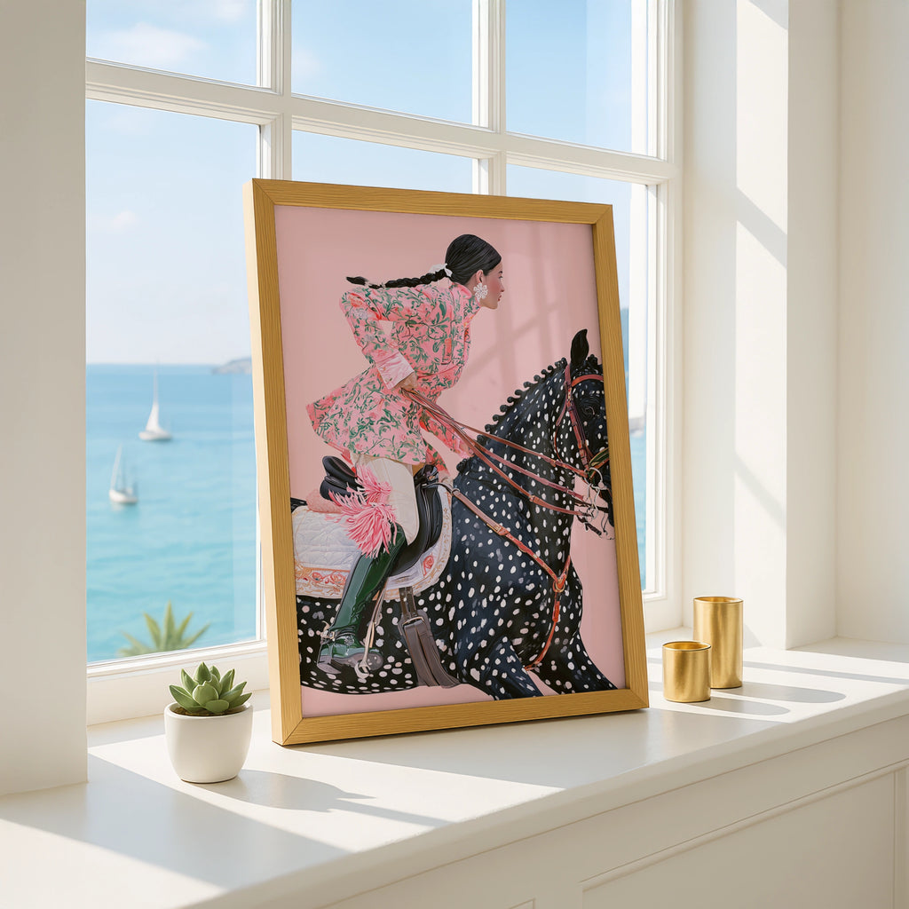 Woman on Horse, Elegant Equestrian Art, Pink Floral, Minimalist Artwork, Modern Wall Decor