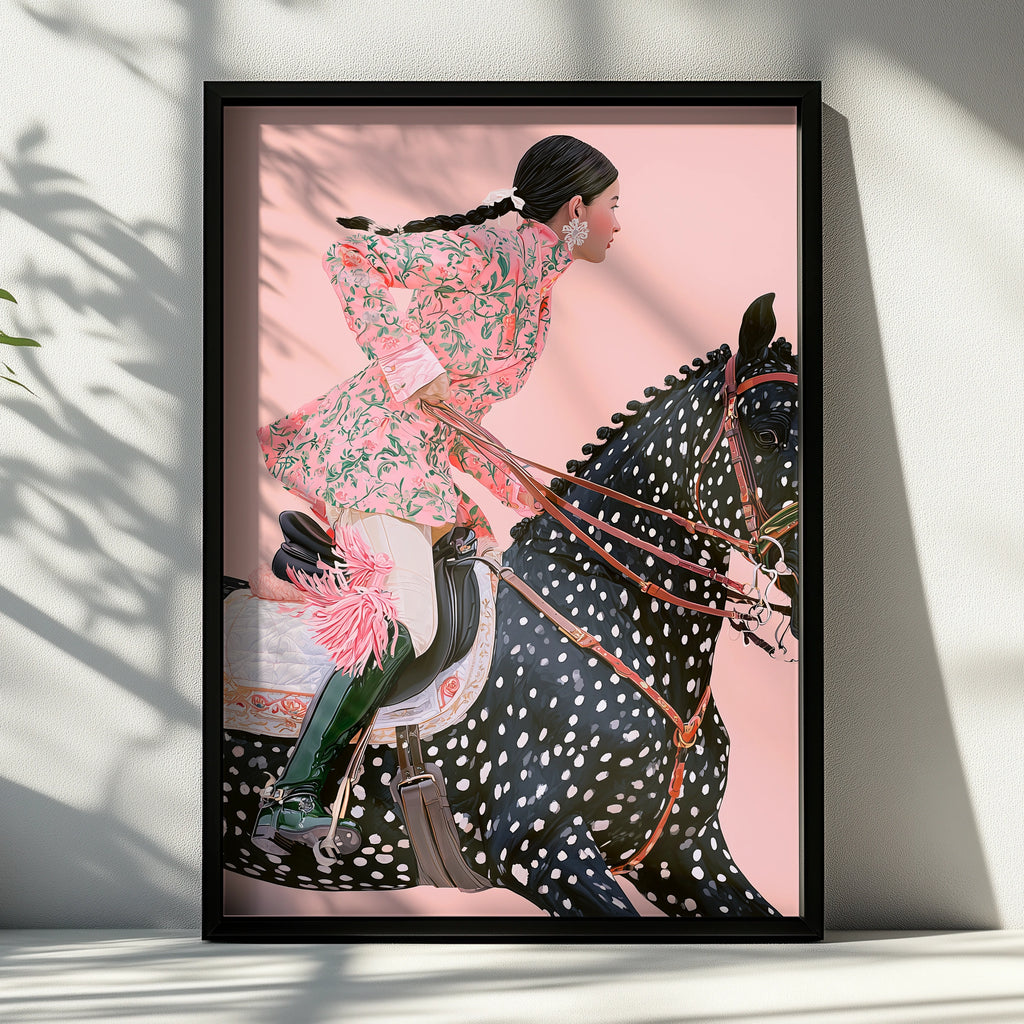 Woman on Horse, Elegant Equestrian Art, Pink Floral, Minimalist Artwork, Modern Wall Decor