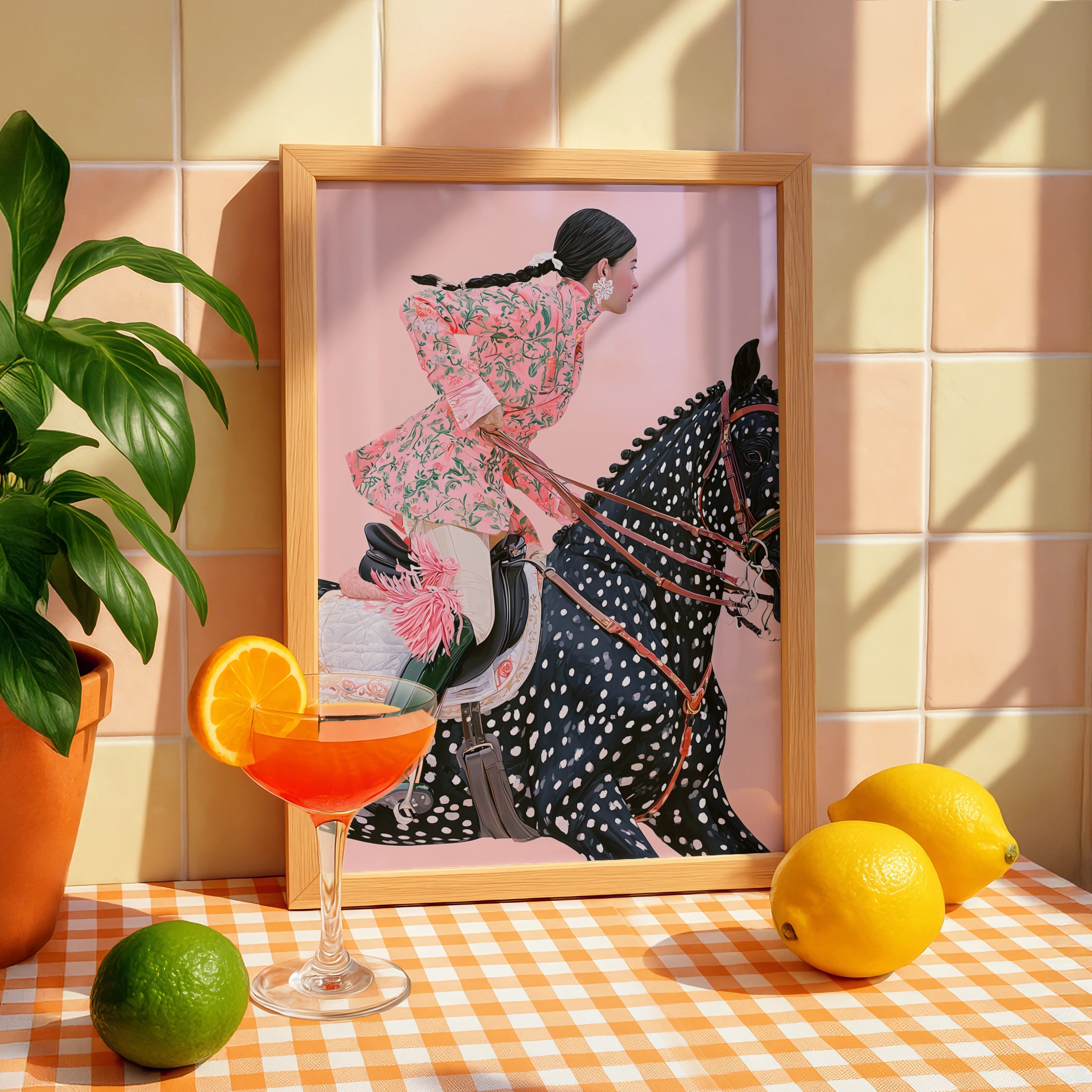 Woman on Horse, Elegant Equestrian Art, Pink Floral, Minimalist Artwork, Modern Wall Decor