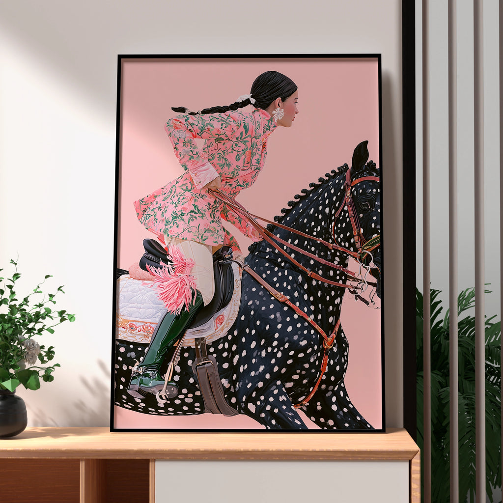 Woman on Horse, Elegant Equestrian Art, Pink Floral, Minimalist Artwork, Modern Wall Decor