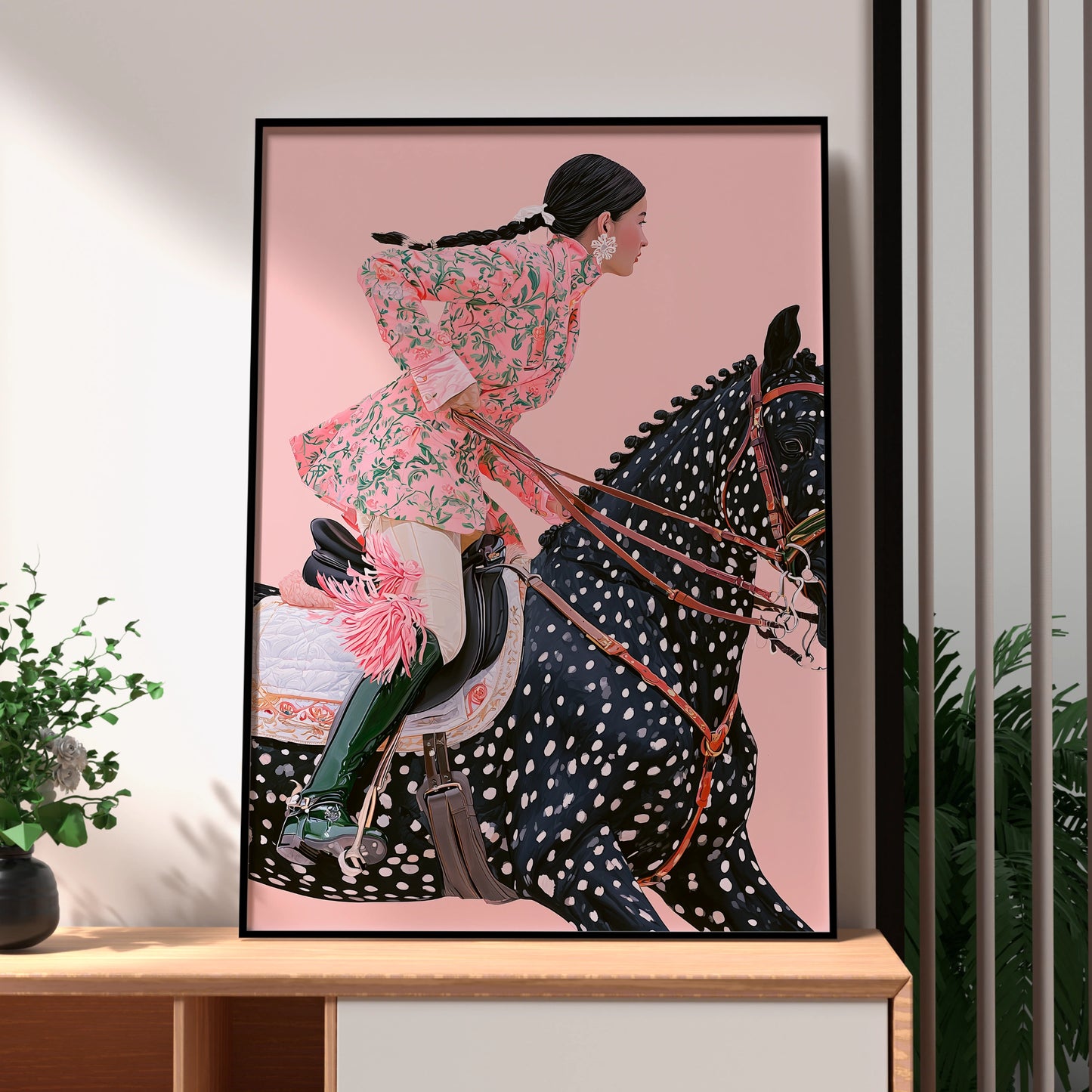 Woman on Horse, Elegant Equestrian Art, Pink Floral, Minimalist Artwork, Modern Wall Decor