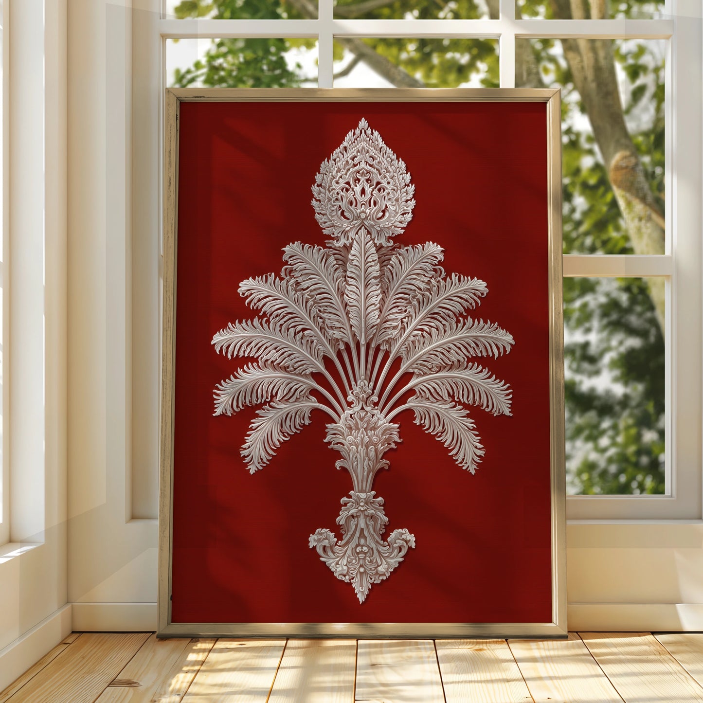 Intricate Palm Motif Art Print, Elegant Wall Decor, Classic Style for Home, Rich Deep Red Background