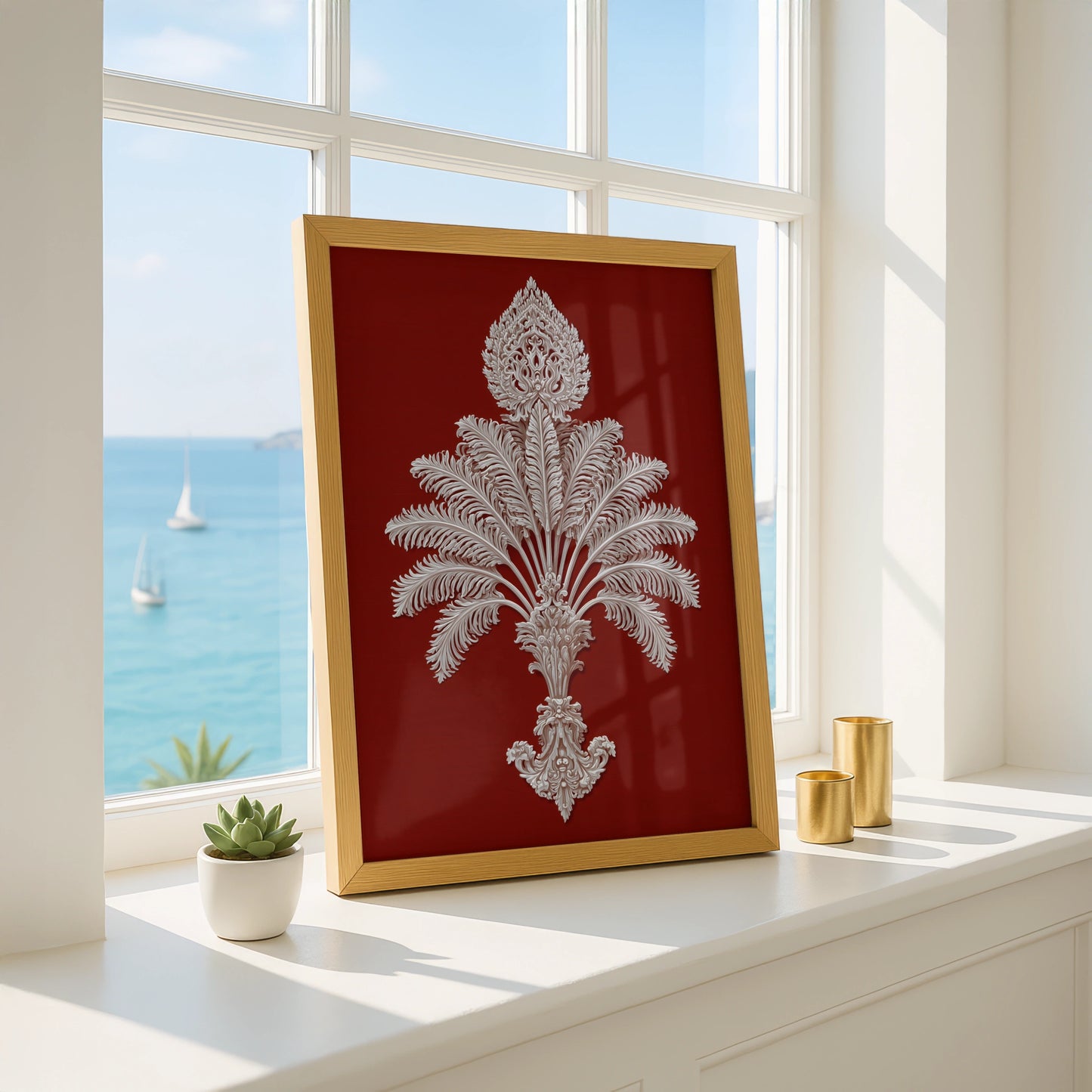 Intricate Palm Motif Art Print, Elegant Wall Decor, Classic Style for Home, Rich Deep Red Background
