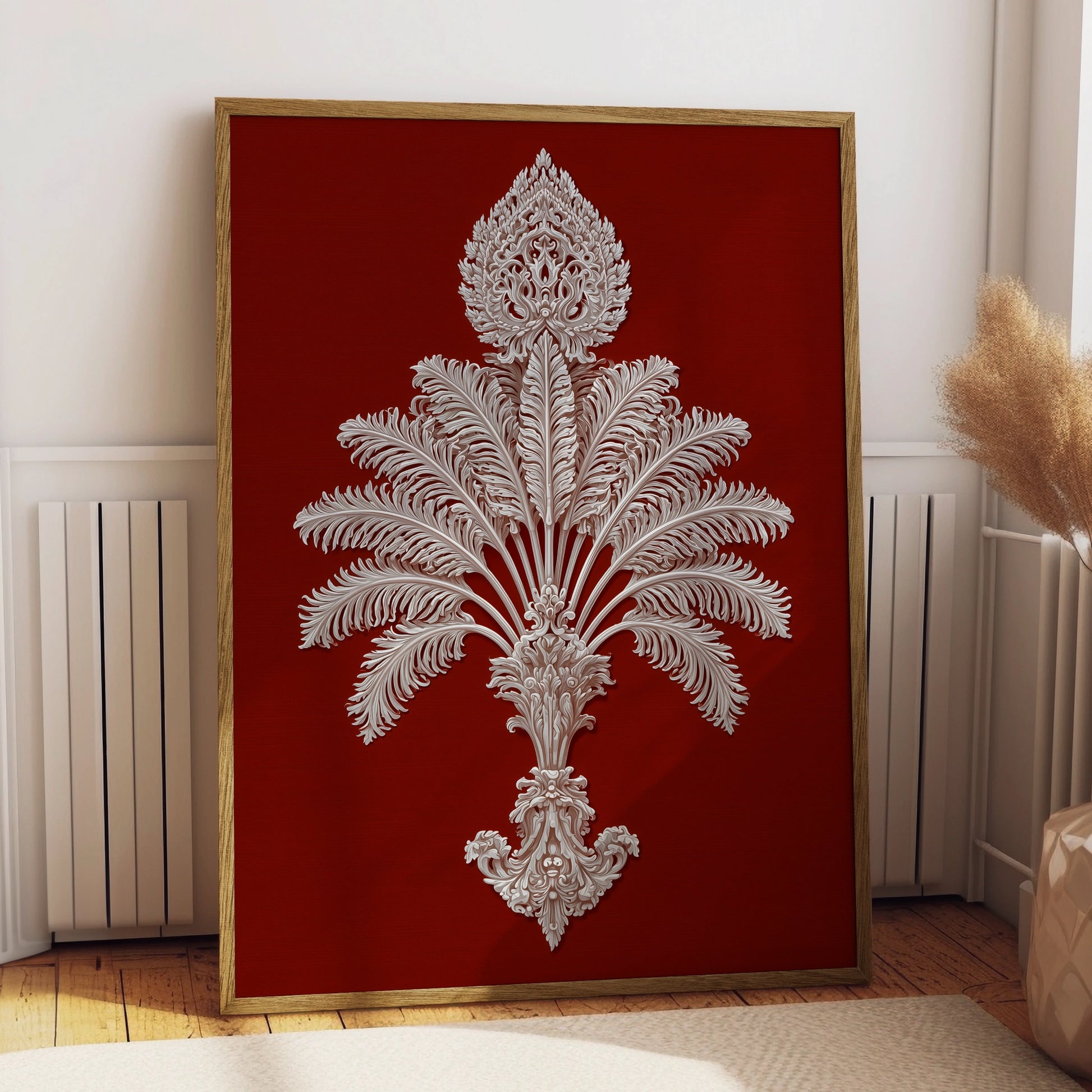 Intricate Palm Motif Art Print, Elegant Wall Decor, Classic Style for Home, Rich Deep Red Background