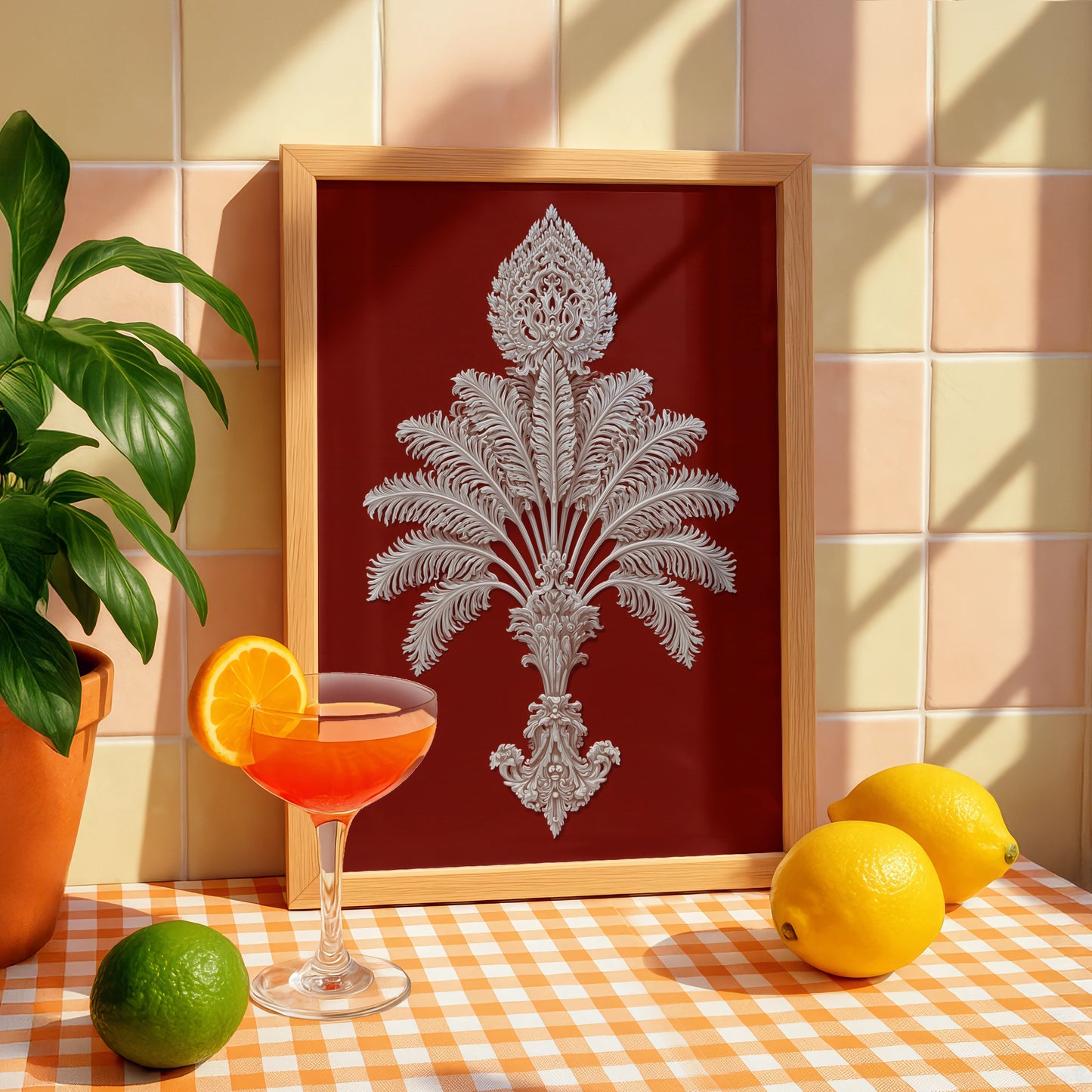 Intricate Palm Motif Art Print, Elegant Wall Decor, Classic Style for Home, Rich Deep Red Background