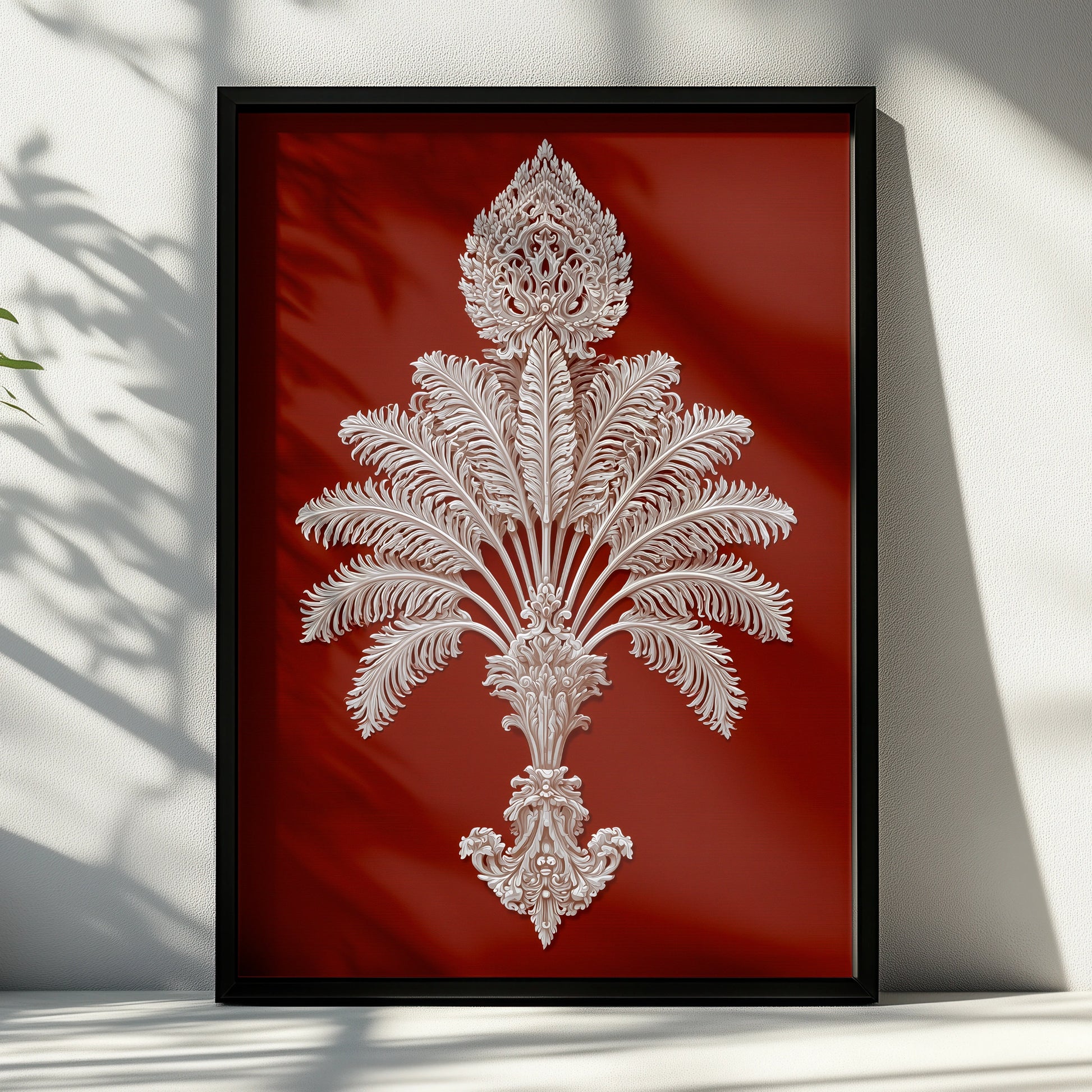 Intricate Palm Motif Art Print, Elegant Wall Decor, Classic Style for Home, Rich Deep Red Background
