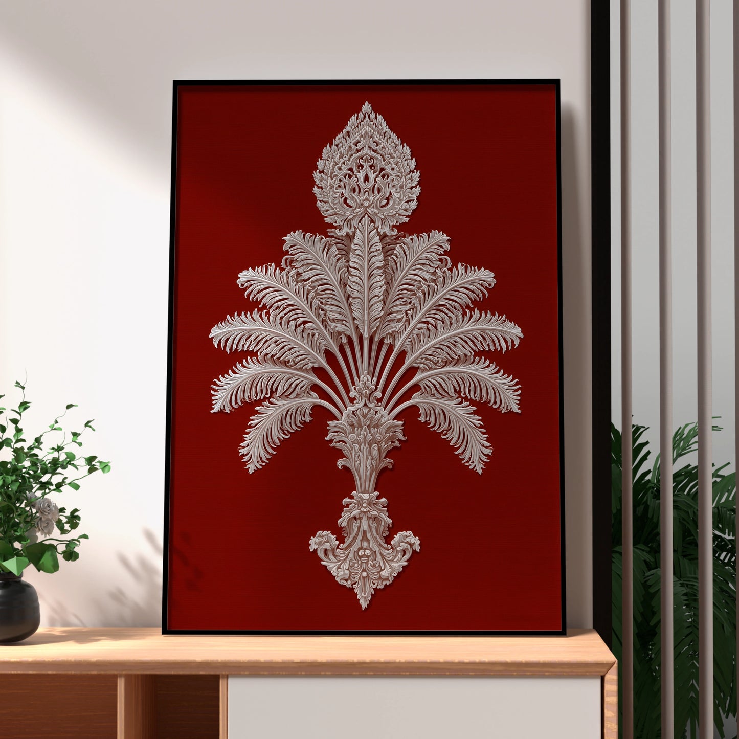 Intricate Palm Motif Art Print, Elegant Wall Decor, Classic Style for Home, Rich Deep Red Background