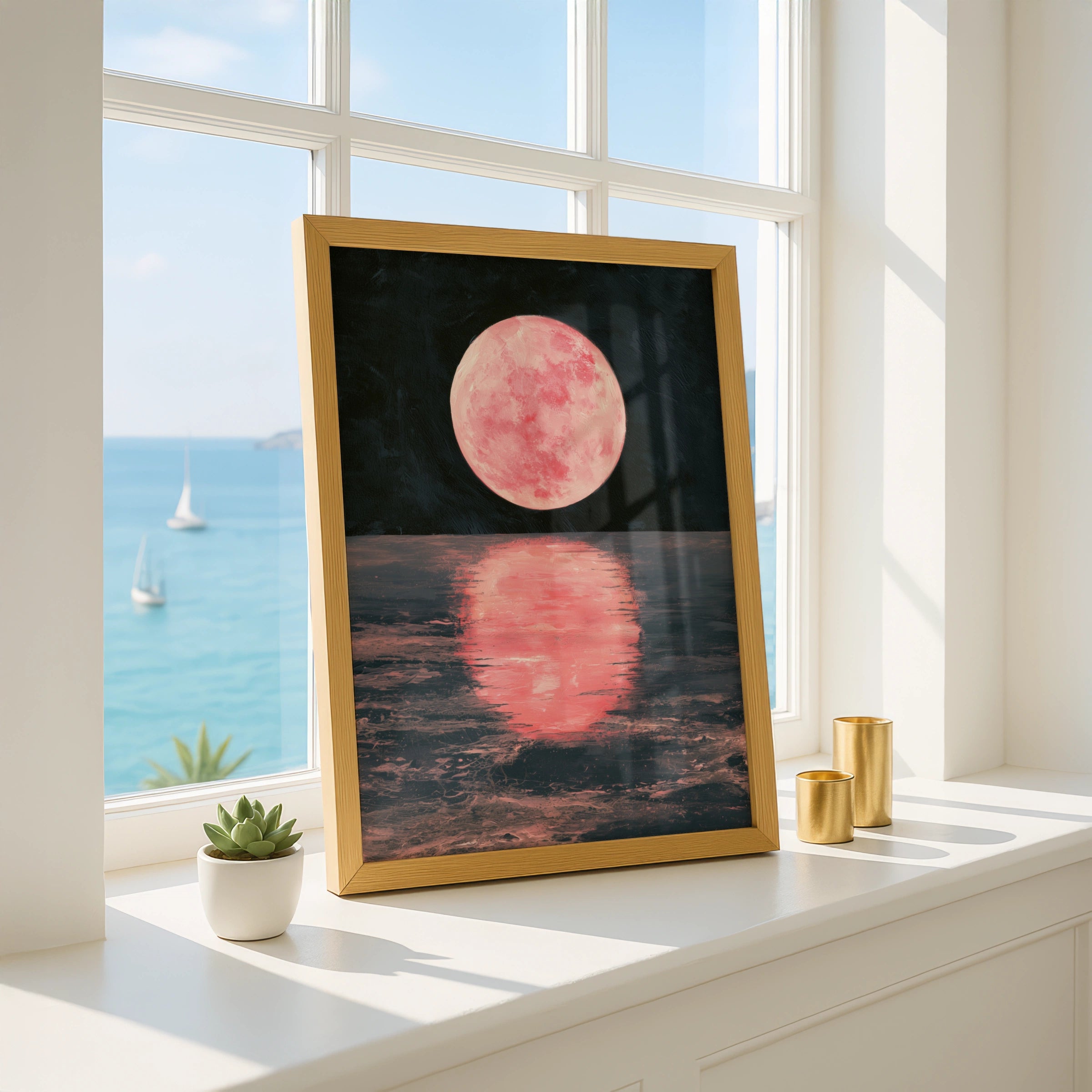 Pink Moon Reflection Art Print, Serene Night Sky Poster, Calm Nature Decor