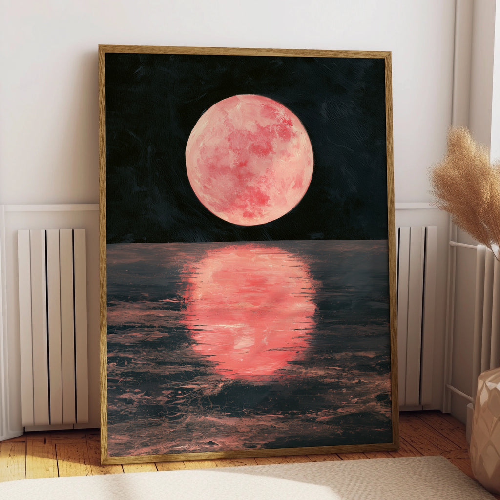 Pink Moon Reflection Art Print, Serene Night Sky Poster, Calm Nature Decor