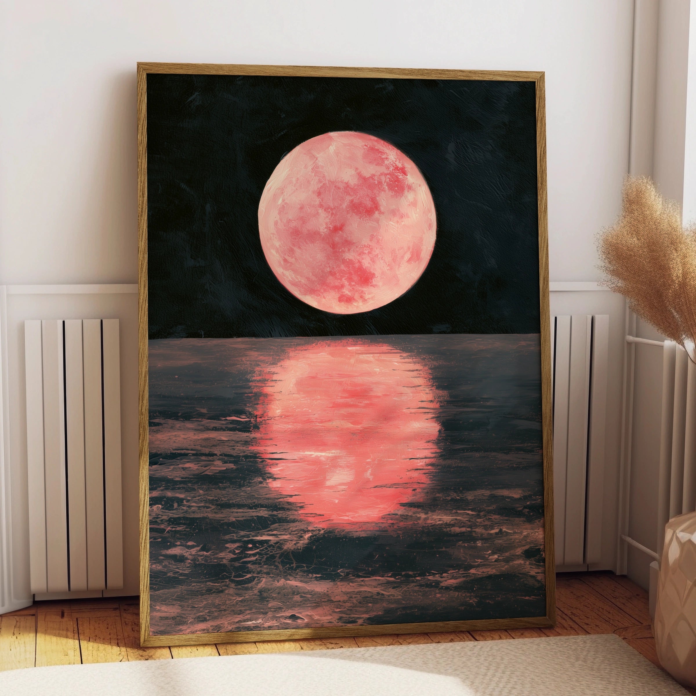 Pink Moon Reflection Art Print, Serene Night Sky Poster, Calm Nature Decor